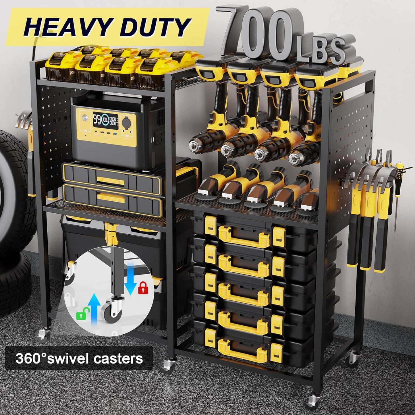 6-Tier Large Power Tool Organizer Cart with Charging Station, Heavy-Duty Garage Rolling Tool Cart with 6 Wheels, 8 Hooks & Adjustable Shelves, Holds 700LBS+