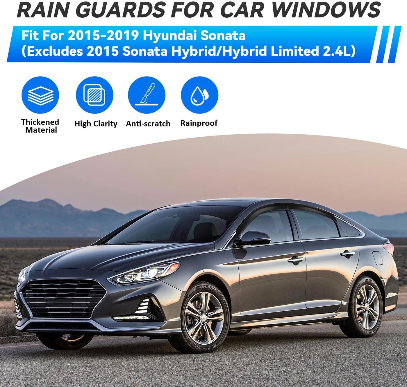 4pcs Window Visors Compatible with 2015-2019 Hyundai Sonata Front+Rear Smoke Tint Sun/Rain Guard Outside Mount Tape-On Vent 2016 2017 2018
