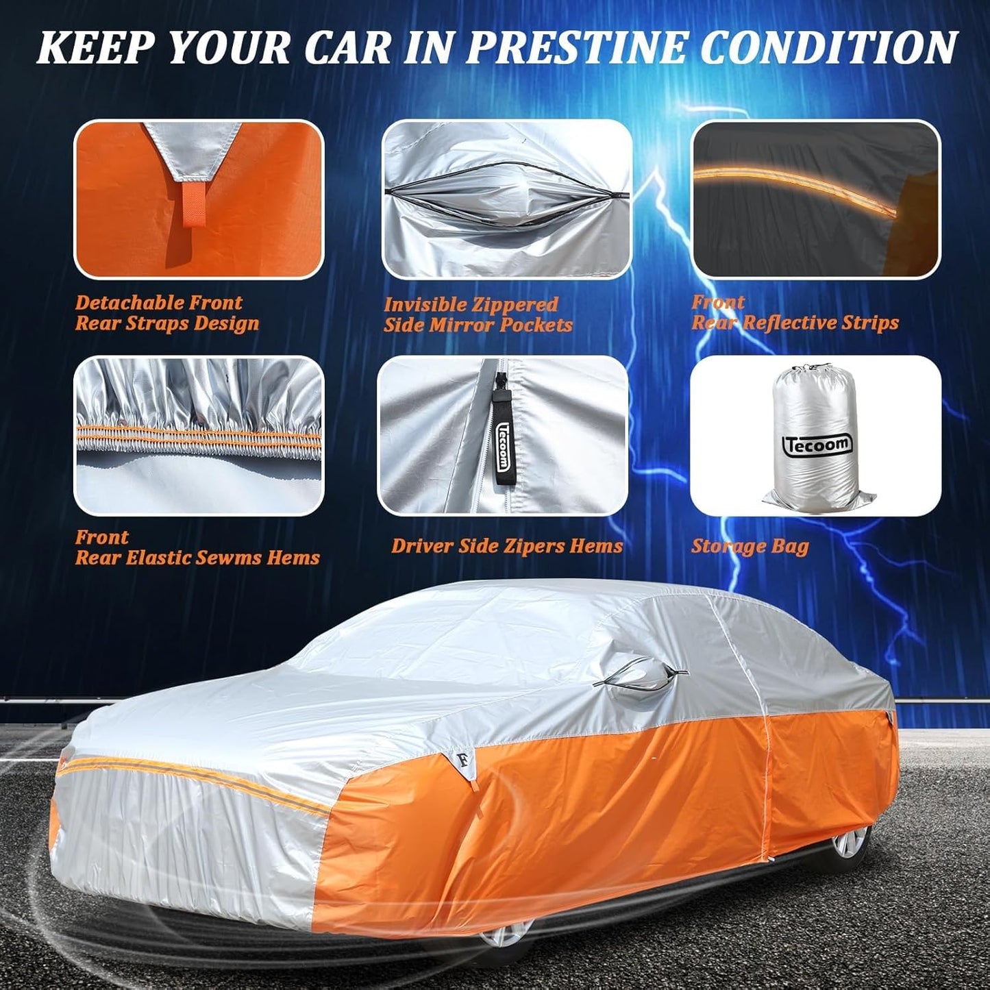 Waterproof Car Cover for Automobiles, All Weather Full Exterior Covers Fit for Toyota Camry Chevrolet Malibu Honda Accord, Universal Windproof Rain Sun UV Protection Car Covers Fit 191"-200" Sedan
