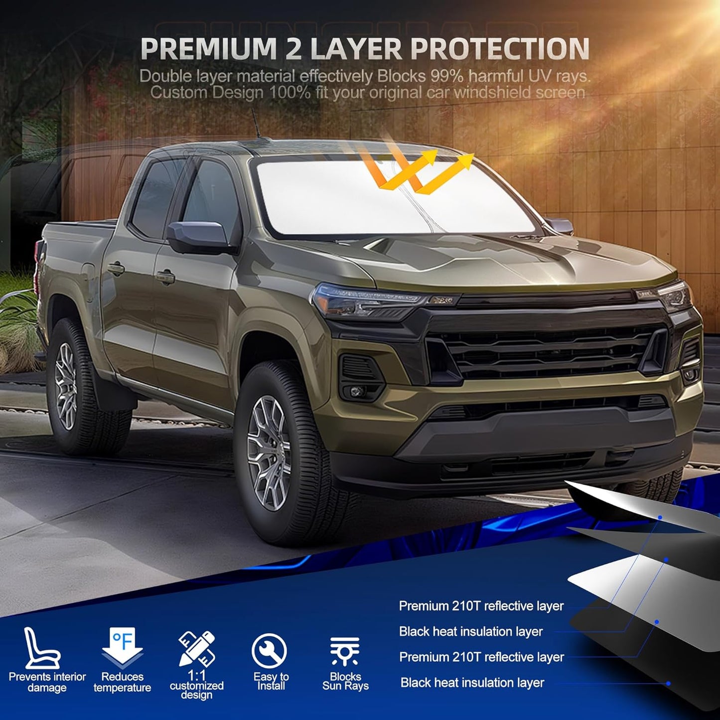 Windshield Sun Shade for Ch-evro-let Colorado 2023-2025 2026 Foldable Sunshade Custom Fit Front Window Car Interior Accessories Protector Blocks UV Rays