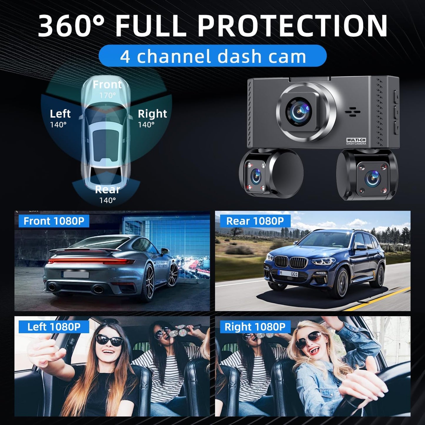 4 Channel Dash Cam Front and Rear, 360°Dash Camera for Car FHD 2K+3x1080P Touch Screen, 8 IR Night Vision, 5G WiFi, APP Control, G-Sensor, Loop Recording, Built-in GPS with 64GB Car, 24H Parking Mode