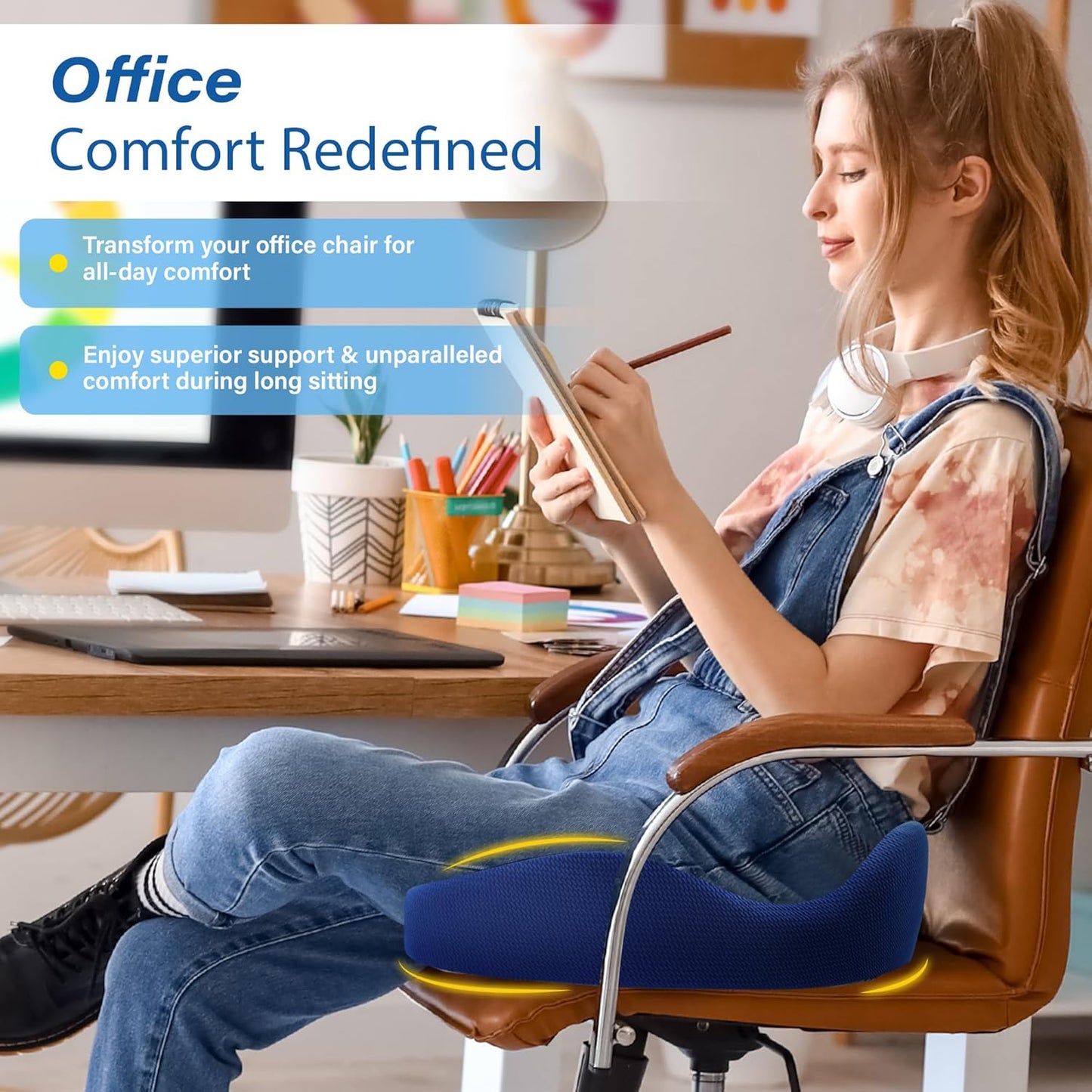 Car Seat Cushion, Ergonomic Memory Foam Car Cushion for Sciatica Pain Relief, Larger Driving Seat Pillow for Short Drivers on Long Drives - Butt Pillow for Truck, Office, Wheelchair - Black&Blue