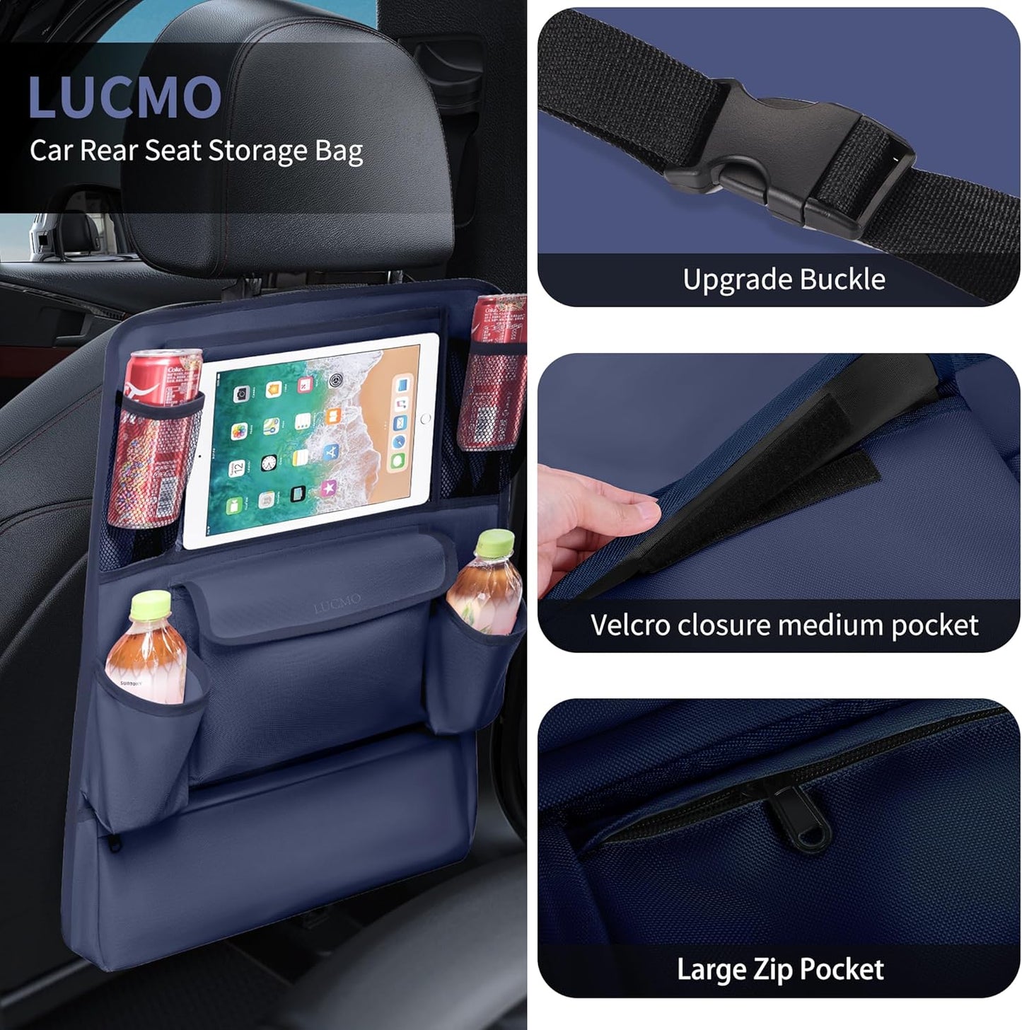 LUCMO Car Backseat Organizer with Touch Screen Tablet Holder,9 Storage Pockets Car Storage Organizer,Protectors Kick Mats Travel Accessories for Kids-Dark Blue