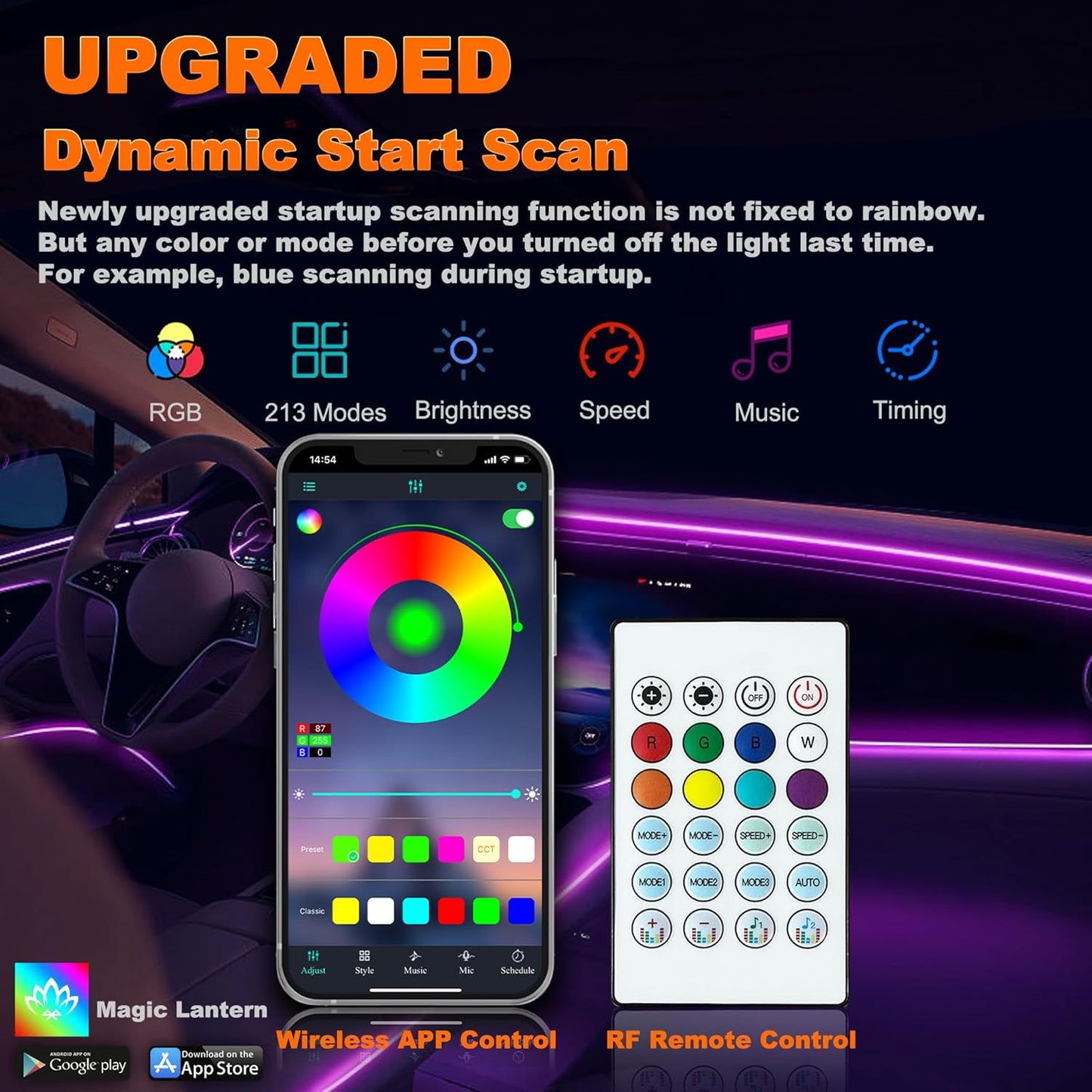Acrylic LED Lights - Interior Car Ambient Lighting Kits with Dynamic Rainbow Dream Color Chasing, Music Sync (10 in 1(4*29.5+43.3+14.5 inches+4 Footwell Lights))