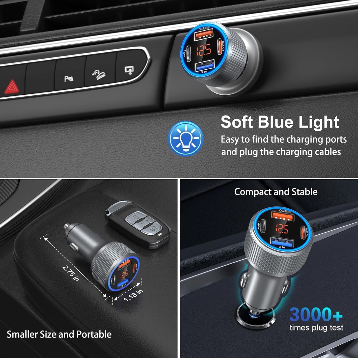 USB C Car Charger 5 Pack, 65W Dual 12V USB C & USB A Car Charger with Voltage Display Multi Port PD/QC 3.0 Fast Charge Cigarette Lighter Adapter for iPhone 16/15/14/13 Pro,Galaxy S25,Android(Grey)