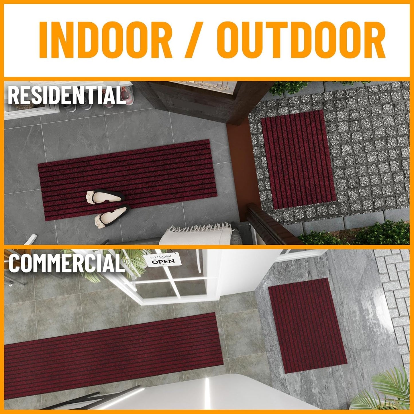 Ottomanson 2'7" x 14' Hallway Runner with Scraper Pile Extra Durable Non-Slip Rug Mat for Indoor & Outdoor Use - Ideal for Kitchen, Entryway, Patio & Garage - High-Traffic Carpet, Red