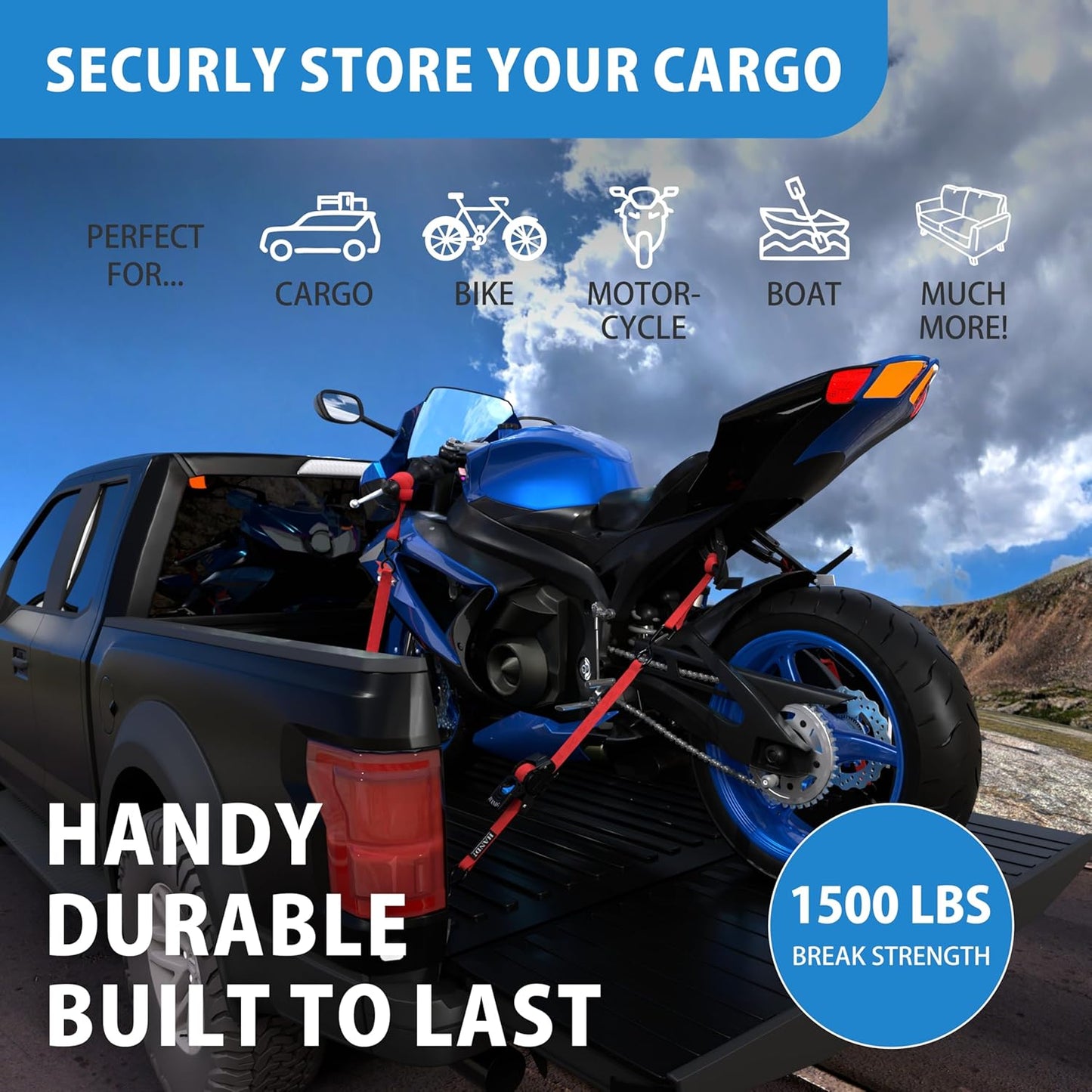 HandT USA Based Retractable Ratchet Straps (2PK) 1in x 6ft - 1,500lb Break Strength, Heavy Duty Automatic Ratchet Straps Self Retractable Tie Down, Push Button Retracting Truck Trailer Cargo | Red