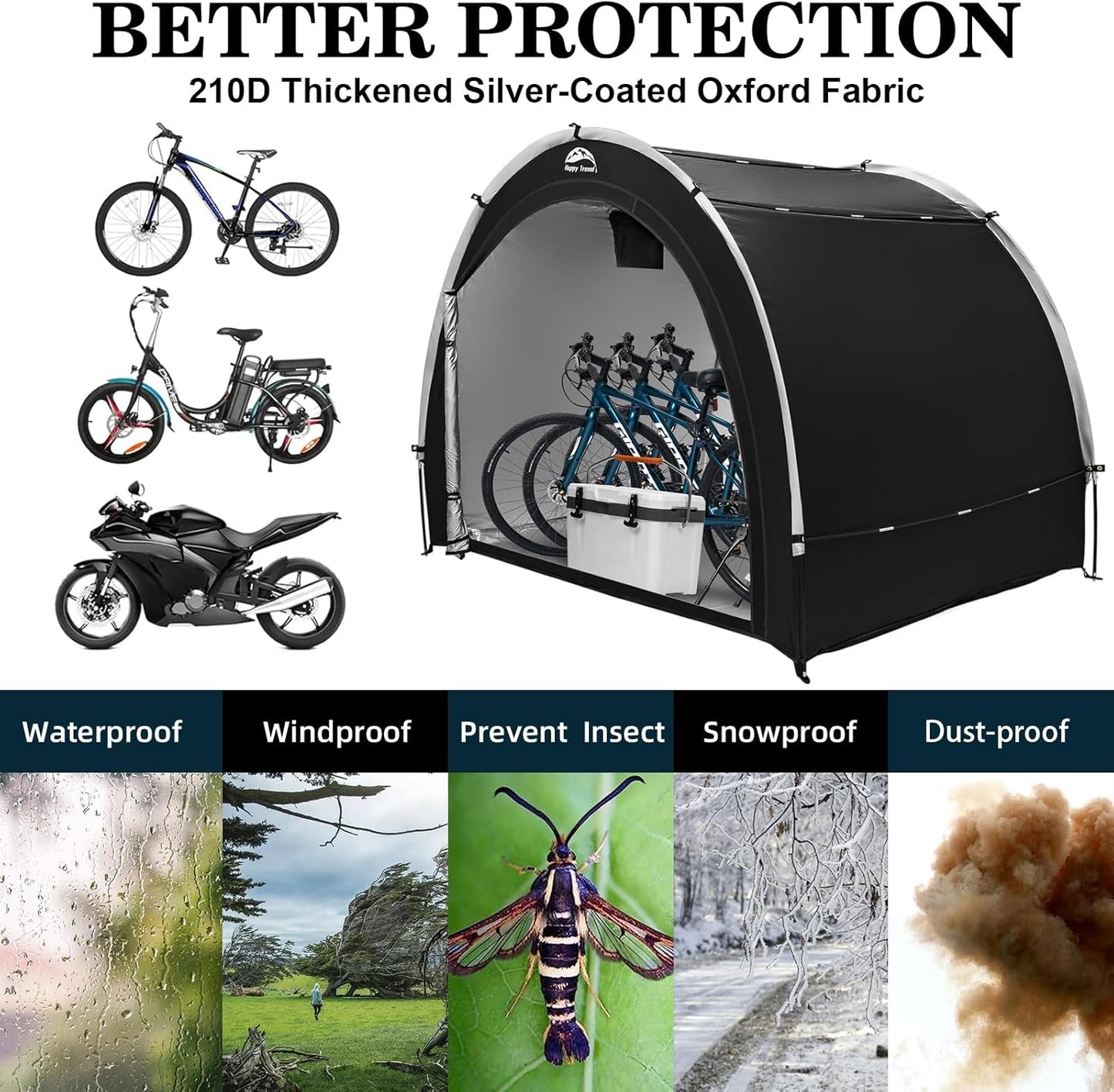 Happy Travel Bike Storage Tent Shed, Outdoor Waterproof Bicycle Covers Shelter with Window for 2/4/6/8 Bikes,Oversized Outside Portable Sheds for Lawn Mower,Garden Tools (Black)