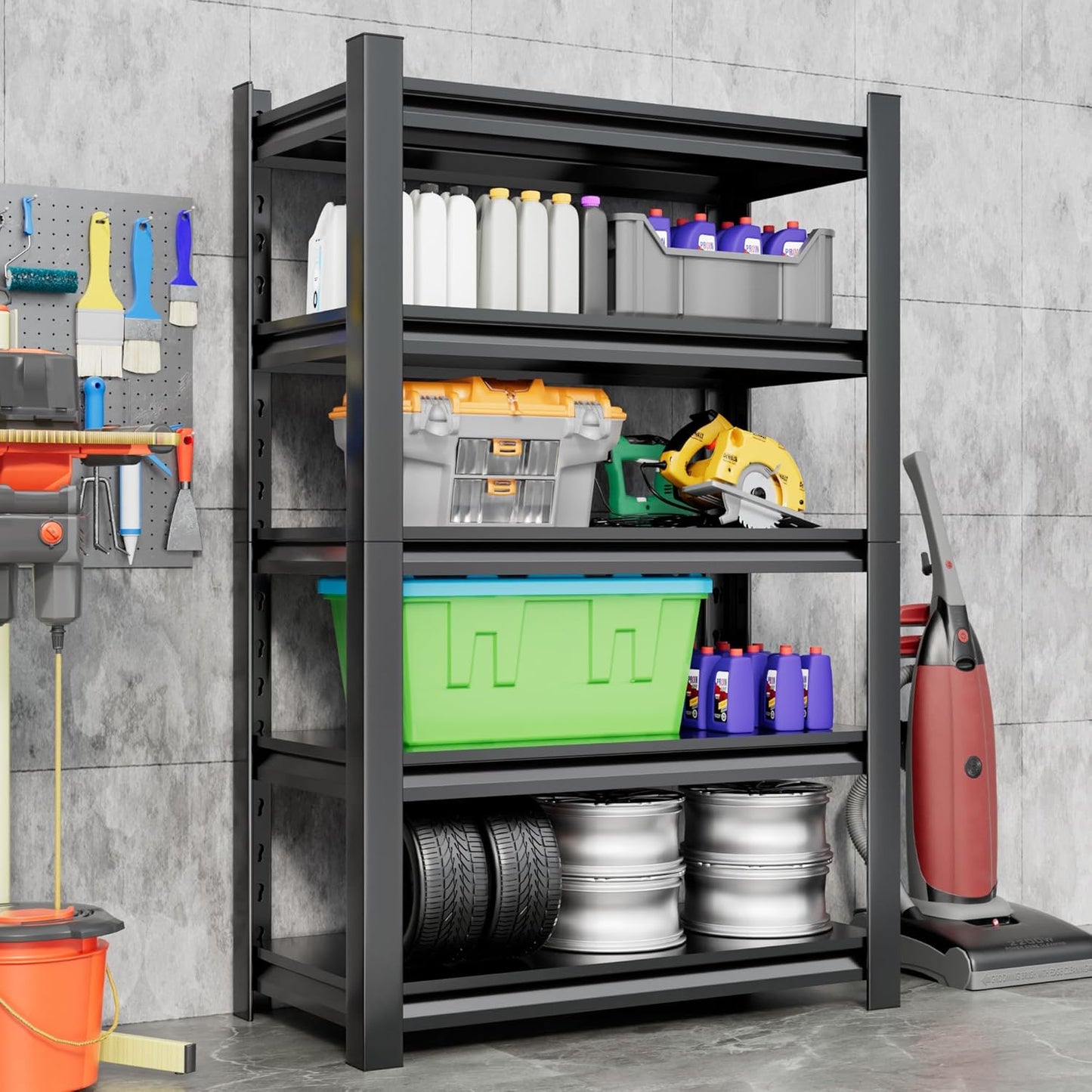 Metal Garage Shelving Unit,78"H Heavy Duty 5-Tier Adjustable Storage Rack,18"D x 48"W x 78"H Steel Shelving,3000 lbs Industrial Shelves for Heavy Tools and Equipment,Ideal for Garage, Basement,Black