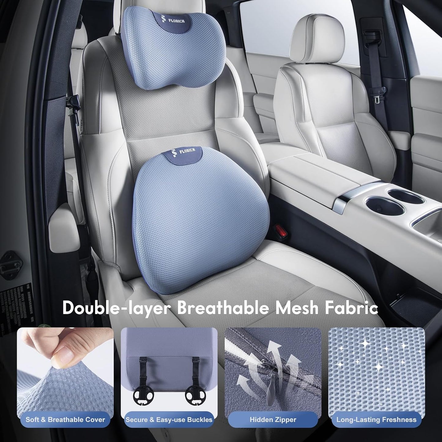 FLORICH Lumbar Support Pillow and Neck Pillow for Office Chair Car, Ergonomic Memory Foam Back Support for Office Gaming Chair Driving Seat Wheelchair, Relieves Neck, Back & Sciatica Pain – Blue