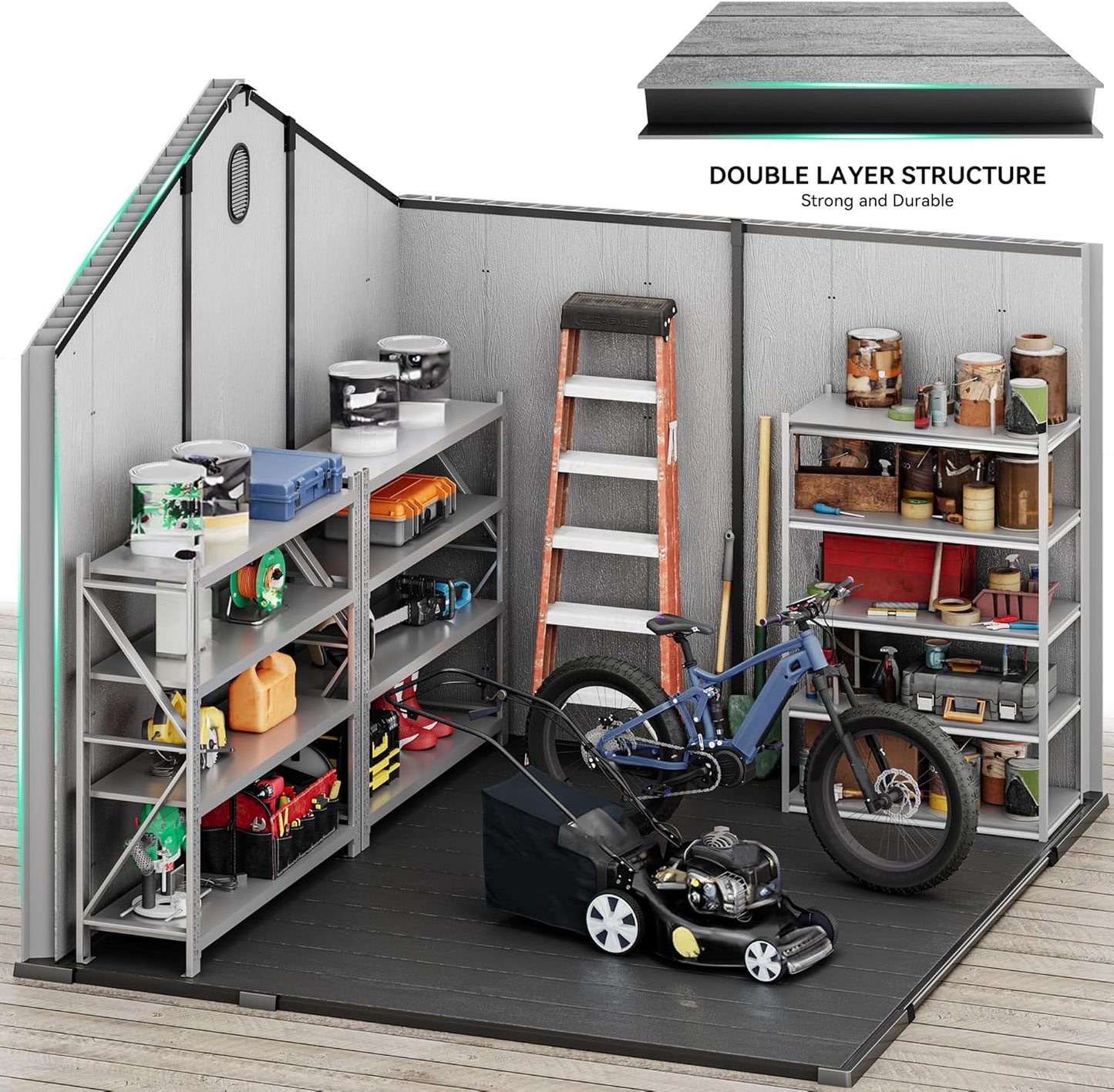 YITAHOME 8x8ft Resin Storage Structure, Outdoor 427 cuft Plastic Garden Storage Unit with Windows, Vents and Lockable Entrance, Waterproof Tool Organizer with Flooring for Lawn Equipment