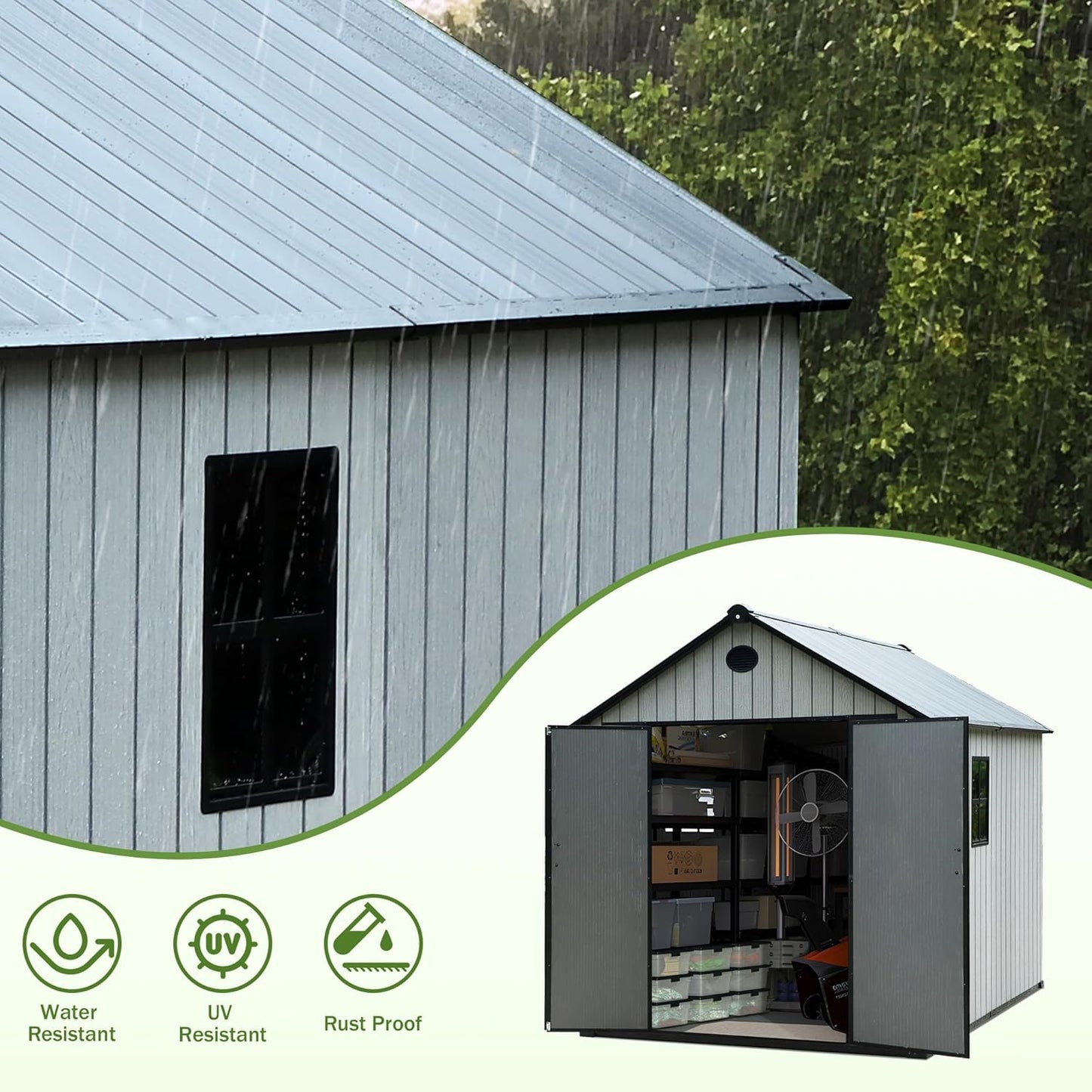 9×7 FT Outdoor Storage Shed, Large Backyard Sheds with Door, All-Weather Plastic Shed with Window, Vents, for Backyard, Patio, Lawn (9×7 FT)