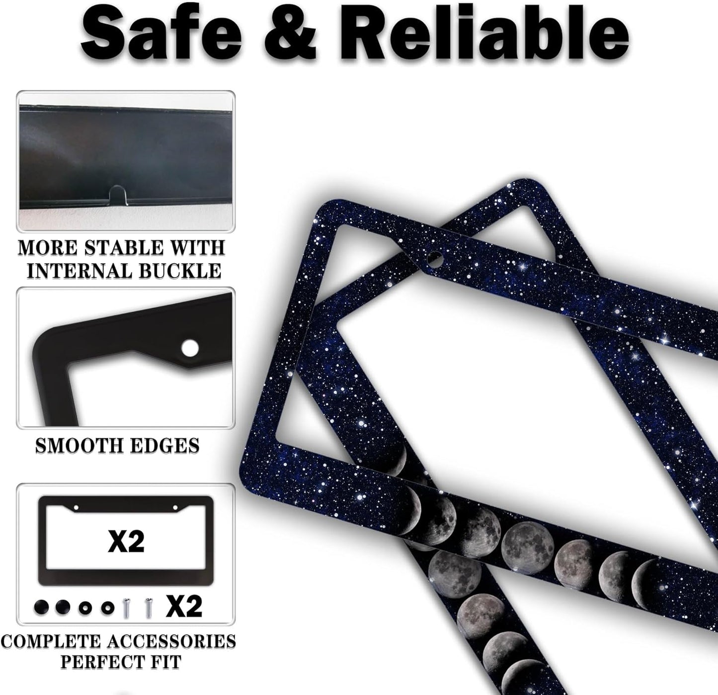 Automotive Exterior Accessories Black and White License Plate Frames Celestial Moon Phases Aluminum Metal Car Accessory 2 Pack with Screw Covers Set