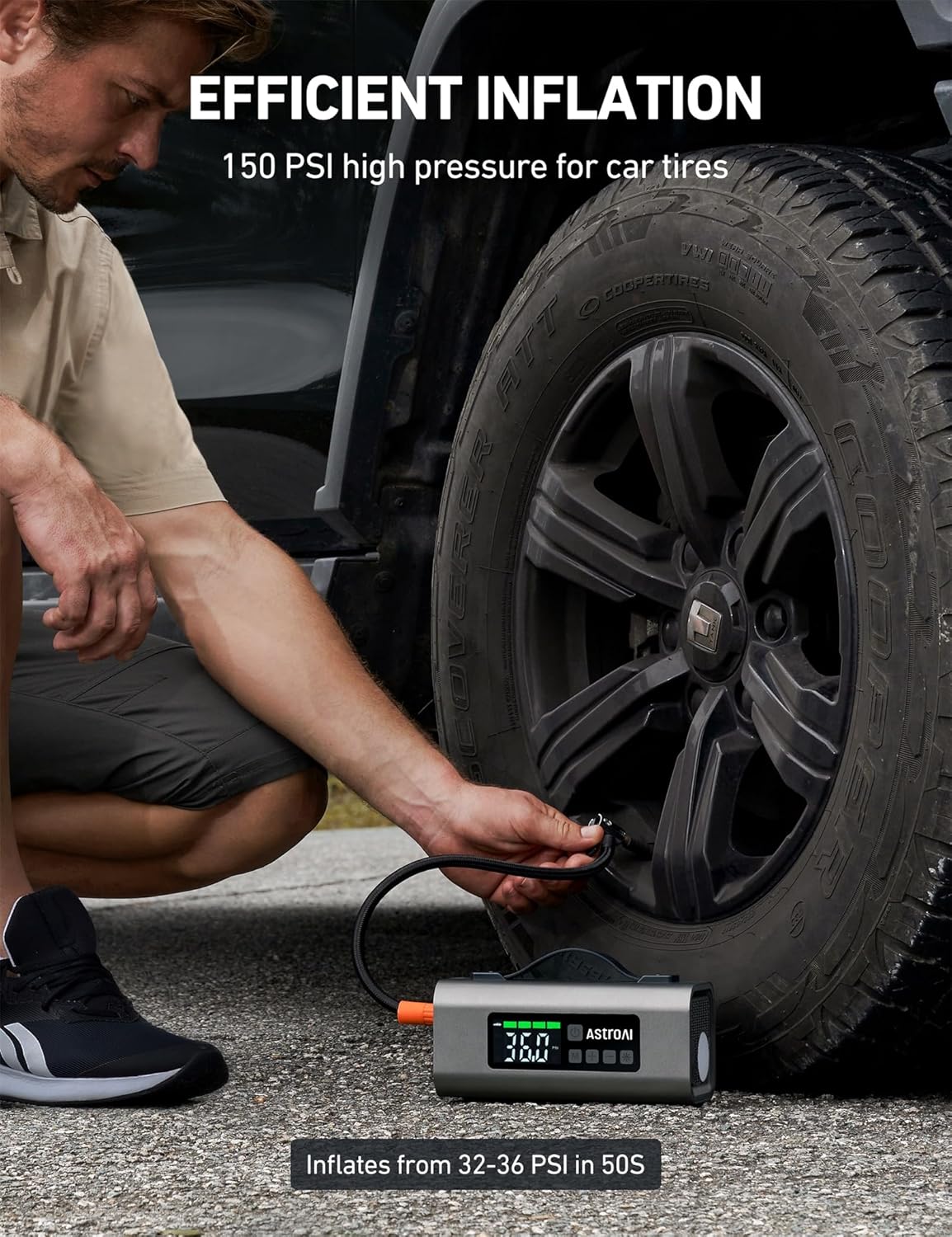 AstroAI Portable Car Battery Jump Starter with Air Compressor 2500A 150PSI 30W Quick Charger, 14800mAh Jump Box (7.5L Gas & 5.0L Diesel) 12V Jump Box with Booster, LED Light, Jumper Cables