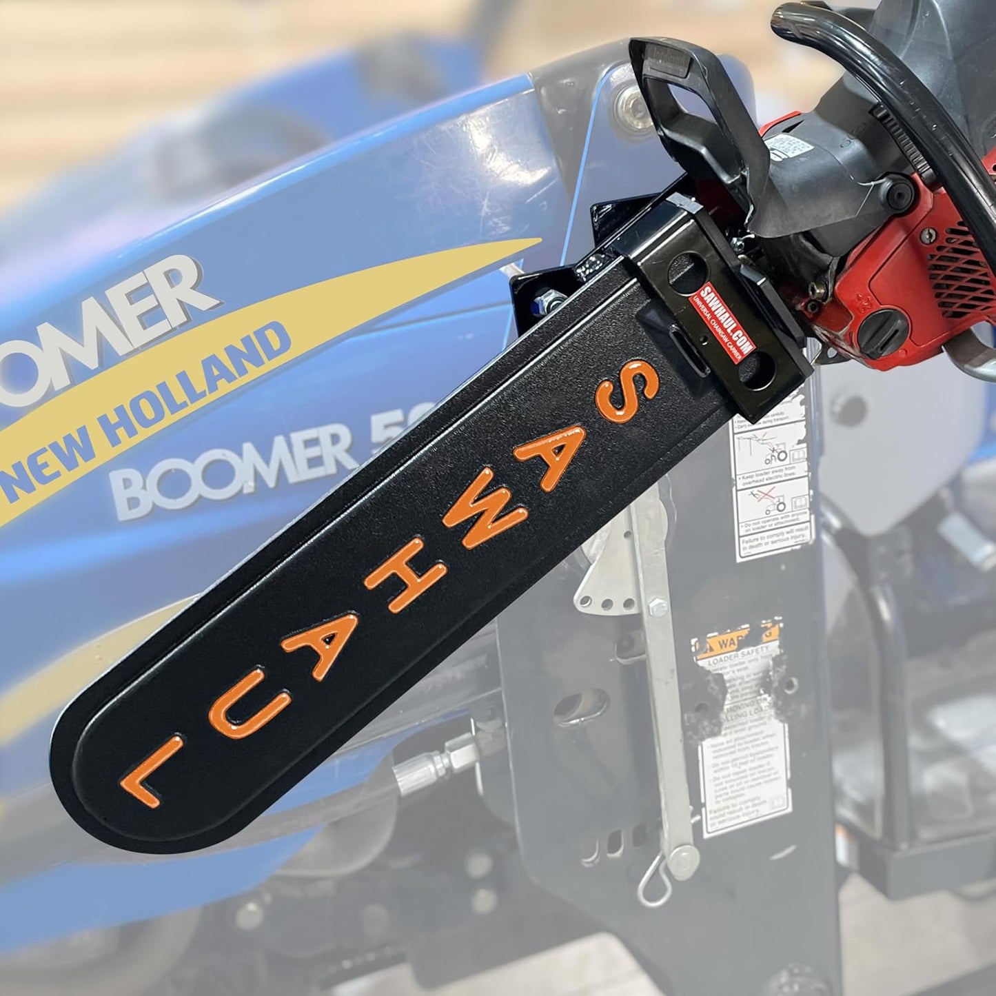 SawHaul Snap-Lok Universal Chainsaw Carrier Kit for Tractors and Skid Steers – 20 Inch Orange Scabbard with Rotating Mount – Compatible with All Chainsaw Brands – Made in USA