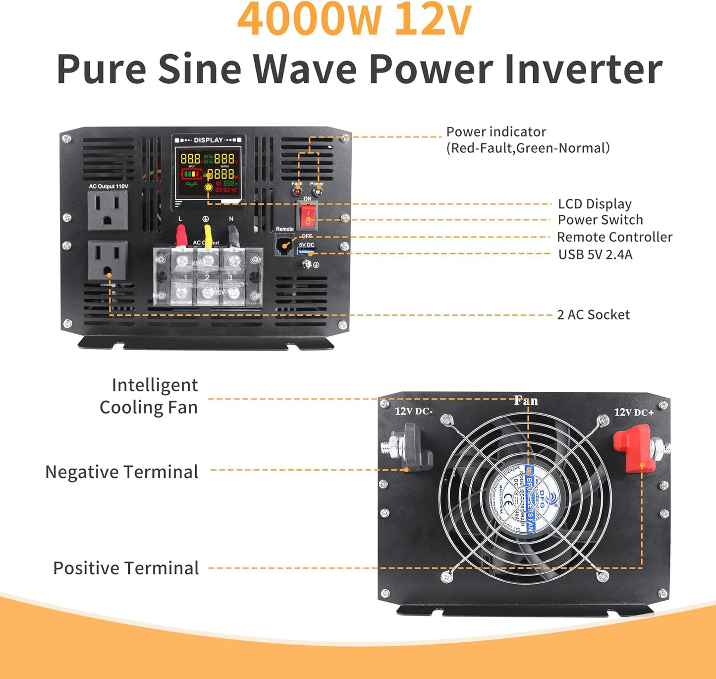 4000 Watt Pure Sine Wave Power Inverter DC 12V to 110V/120V AC Converter with 2 AC,5V 2.4A USB Charging Ports, Car Solar Power Inverters with LCD Display for Home RV Truck