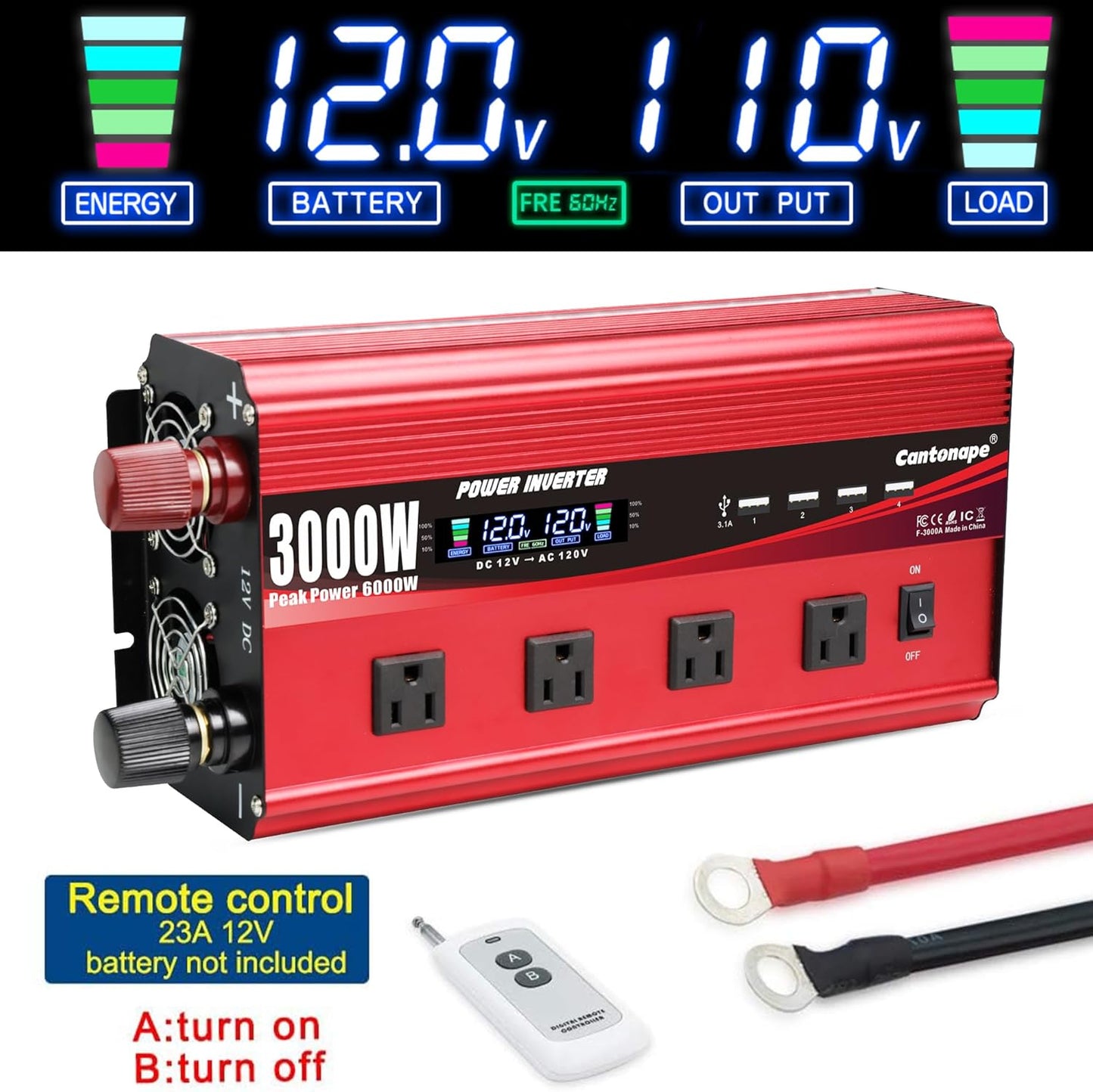 3000W Power Inverter 12V to 110V/120V DC to AC with LCD Display, Remote Controller 4 x AC Outlets and 4 x 3.1A USB Car Adapter for Car Truck Boat RV Solar System