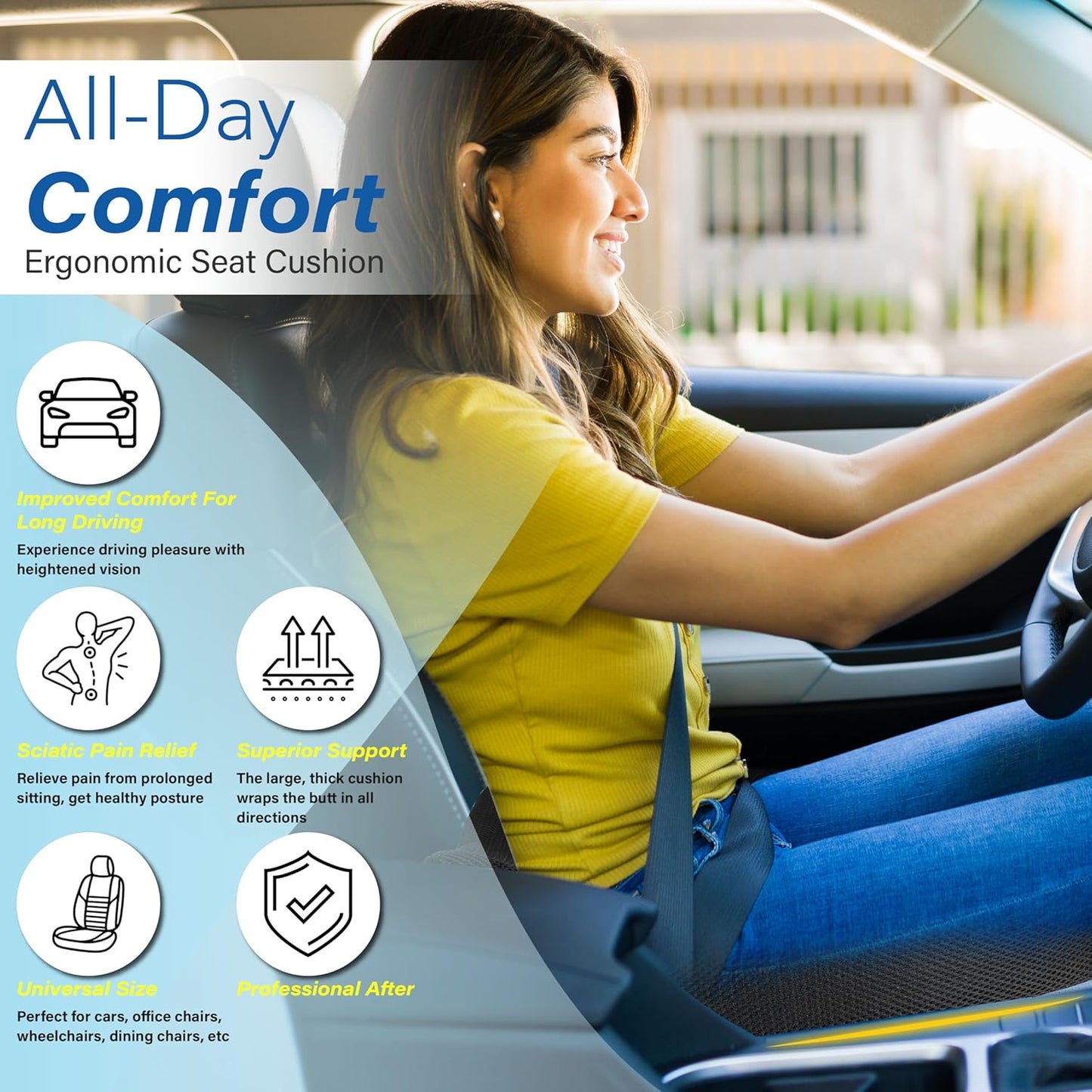 Car Seat Cushion, Ergonomic Memory Foam Car Cushion for Sciatica Pain Relief, Larger Driving Seat Pillow for Short Drivers on Long Drives - Butt Pillow for Truck, Office, Wheelchair - Classic Black