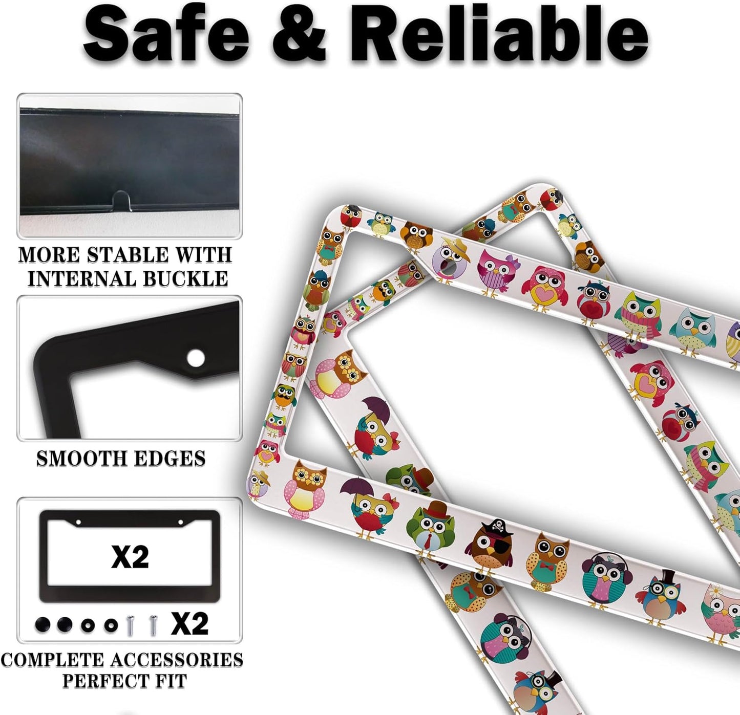 License Plate Frames for Women Multicolor License Plate Frame for Men Cute Owl Universal Aluminum Car Accessory 2 Pack with Screw Covers Set