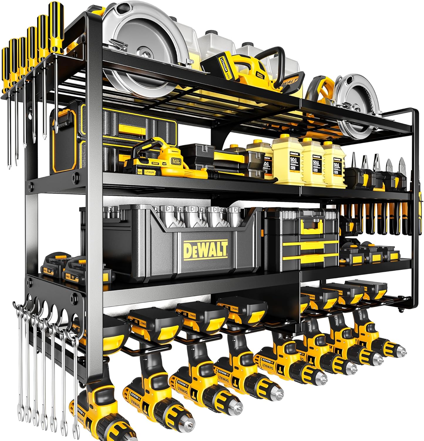 Large Power Tool Organizer Wall Mount,4 Layers Heavy Duty Metal Loads 400lbs,Power Tool Shelf Battery Storage with 8 Cordless Drill Holder,Utility Racks for Garage Workshop