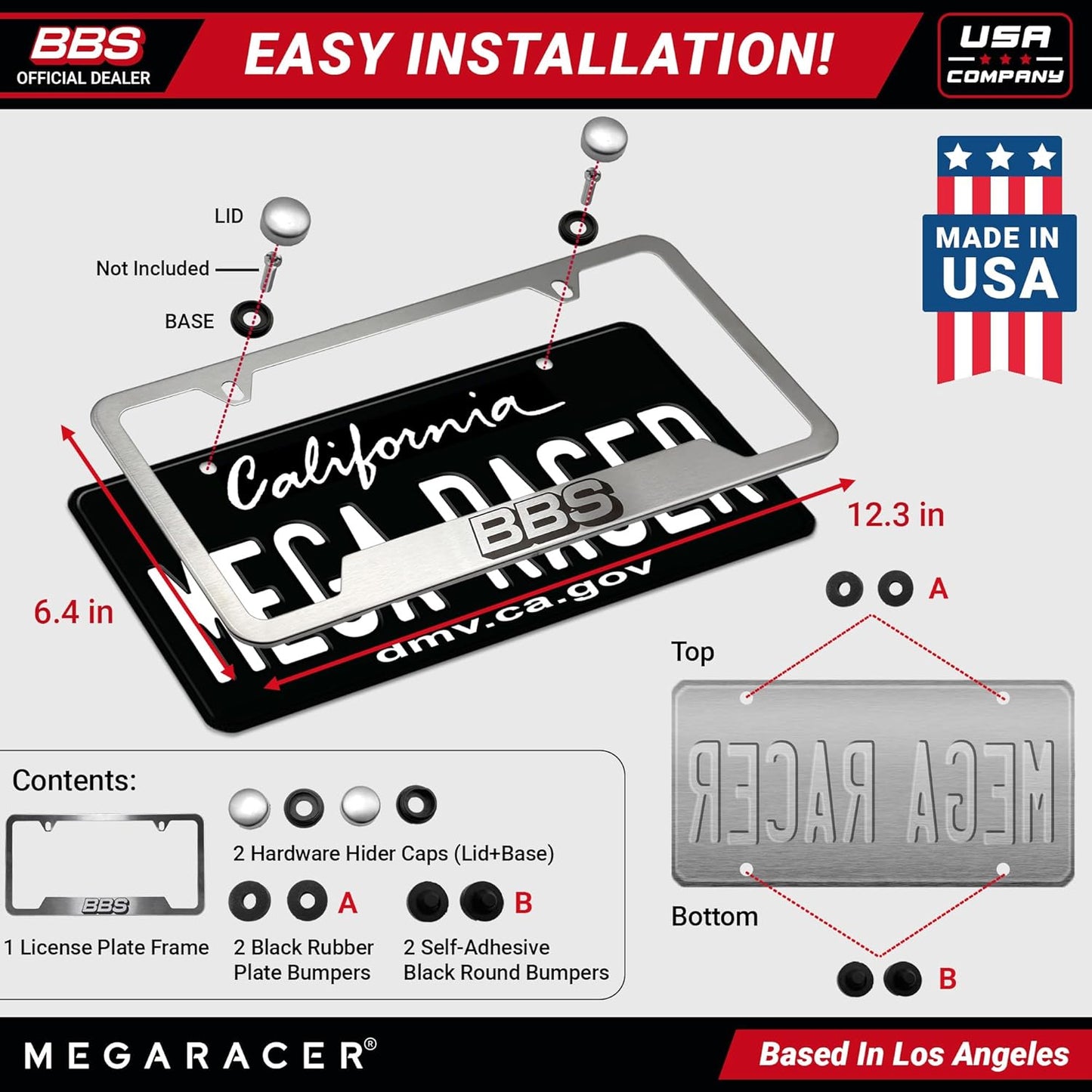 BBS Official Brushed Chrome Stainless Steel License Plate Frame – Made in USA – Premium Rustproof Powder-Coated Metal Car Accessory – Universal Fit – 1 Pack