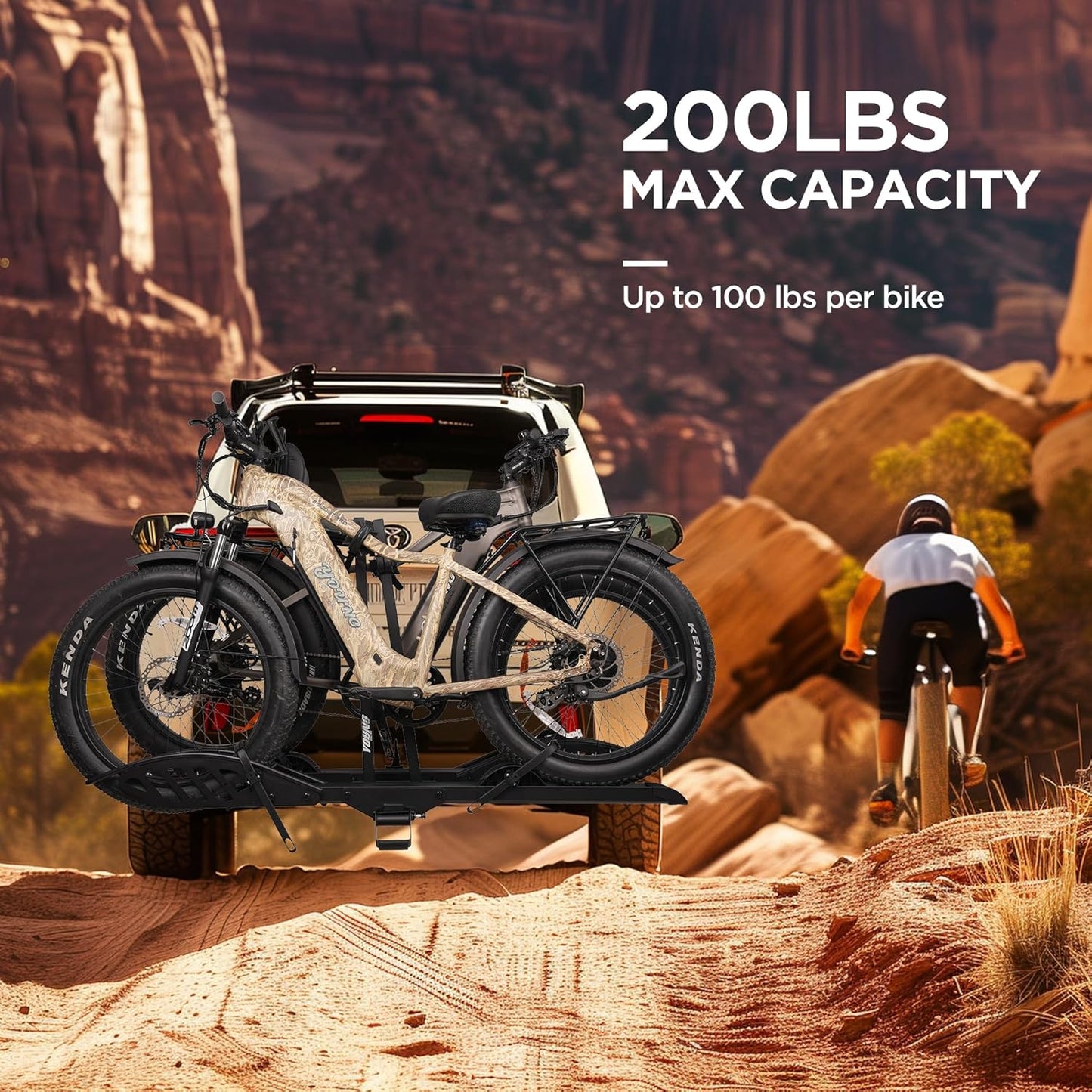 Rockland Foldable 2-Ebike Rack, 200 lbs Capacity, Hitch Mount Electric Bike Rack, Fits up to 5" Fat Tire Width and 50" Wheelbase, Ebike Carrier Rack for 2" Receiver for Cars SUVs Vans RVs