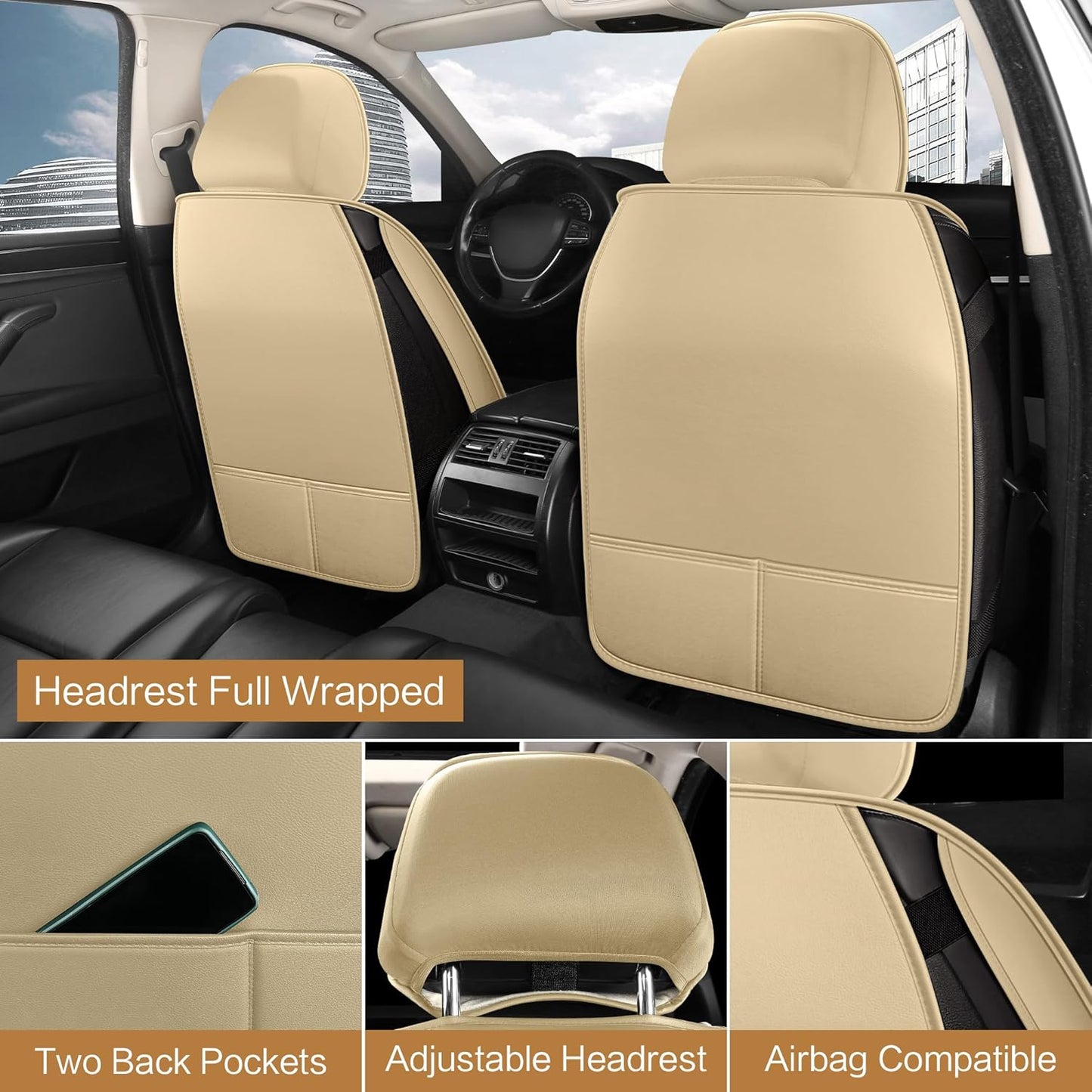 Pariitadin Leather Car Seat Covers Full Set, Waterproof Breathable Faux Leather Automotive Seat Covers for Cars, Non-Slip Car Interior Covers Universal Fit Most Cars Sedans Trucks SUVs, Beige
