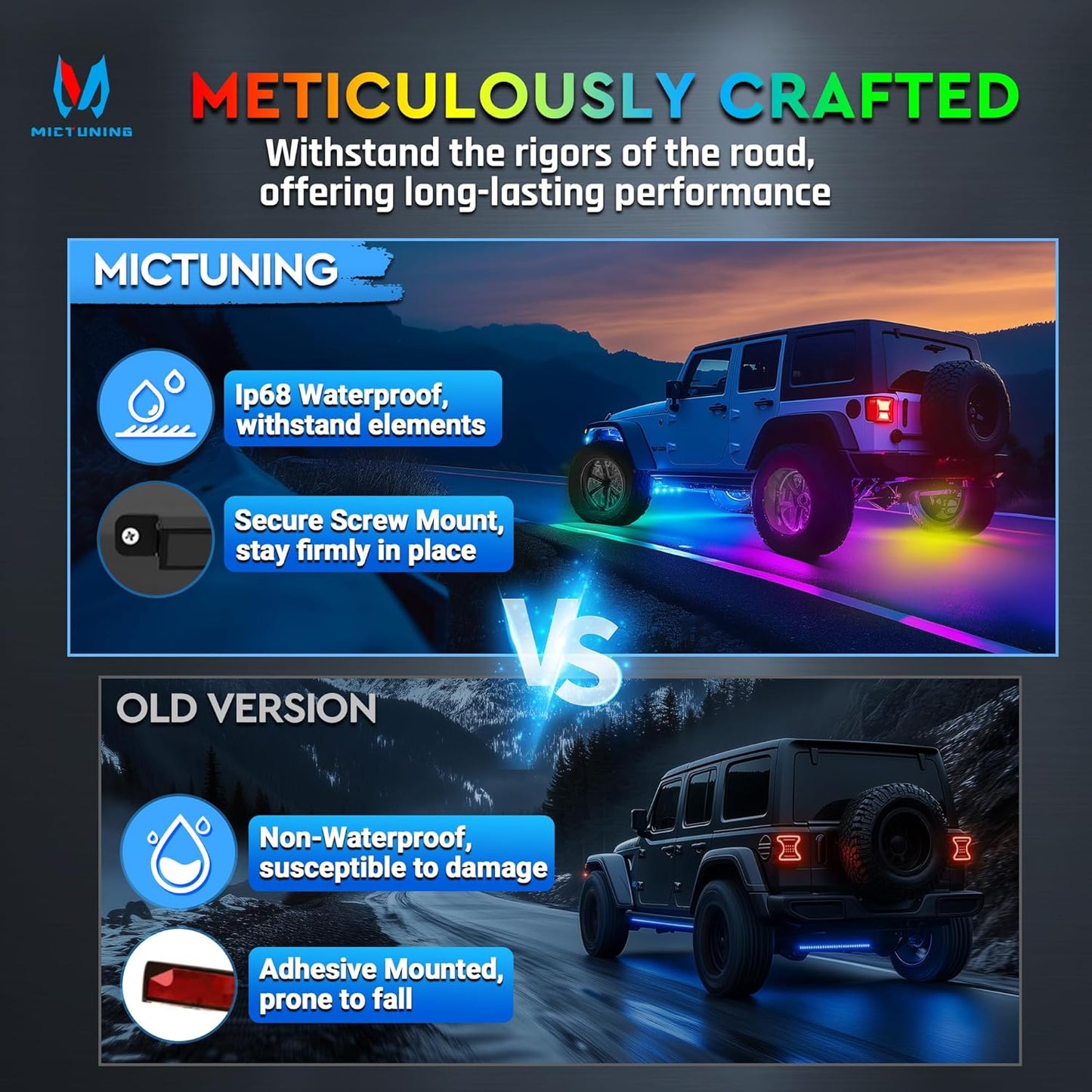 MICTUNING 8Pcs N8+ Chasing Color RGB+IC Underglow Neon Accent Strip Lights, 12V Multi DreamColor Music Soundsync Exterior Underbody Lights for Car, Wireless App & Remote Control, 2 Years Warranty