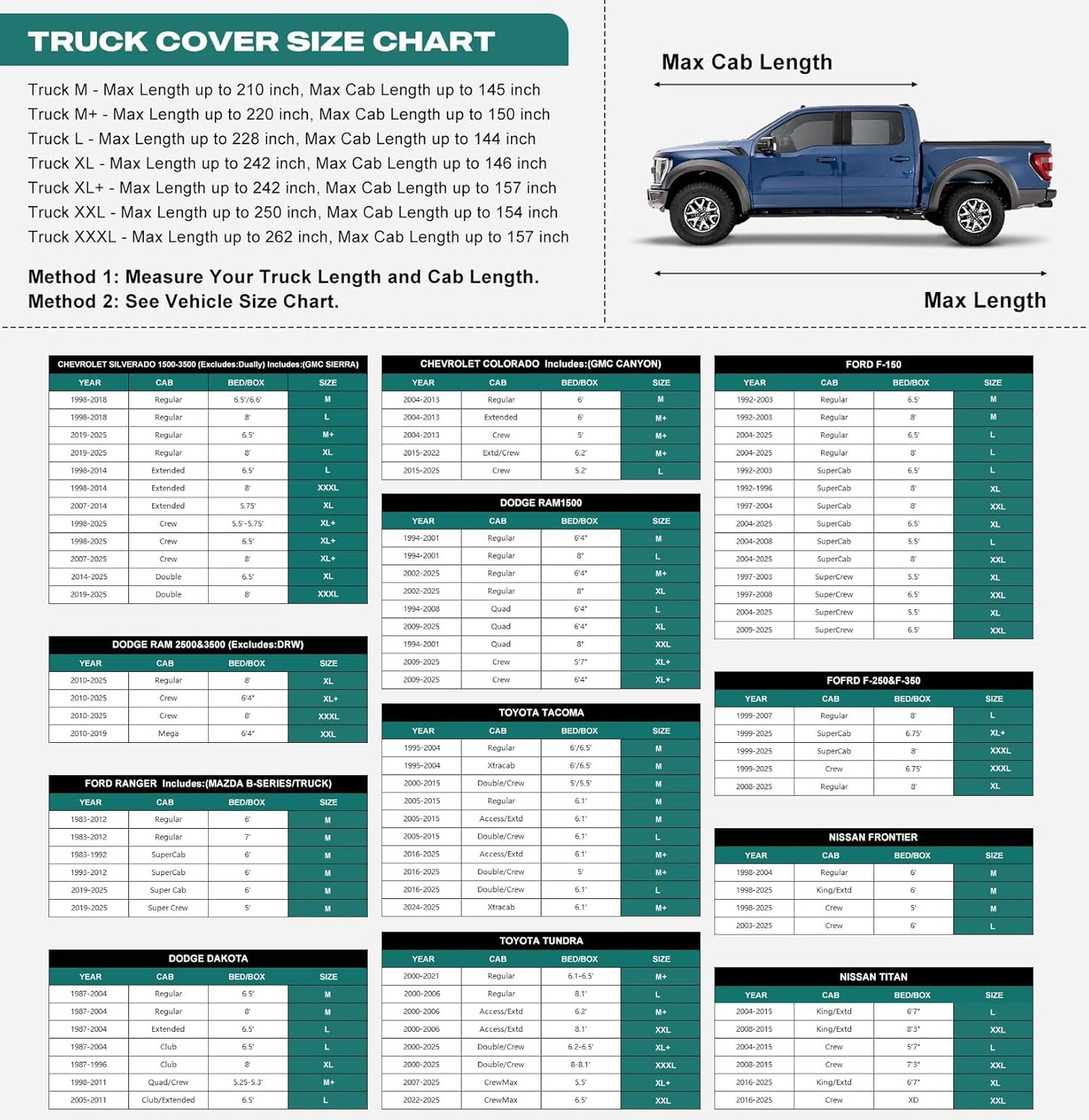 16 Layers Truck Cover Waterproof All Weater - See Vehicle Size Chart - Heavy Duty Outdoor Truck Pickup Cover for Chevrolet Colorado, Toyota Tacoma/Tundra etc. Length up to 220 inch.