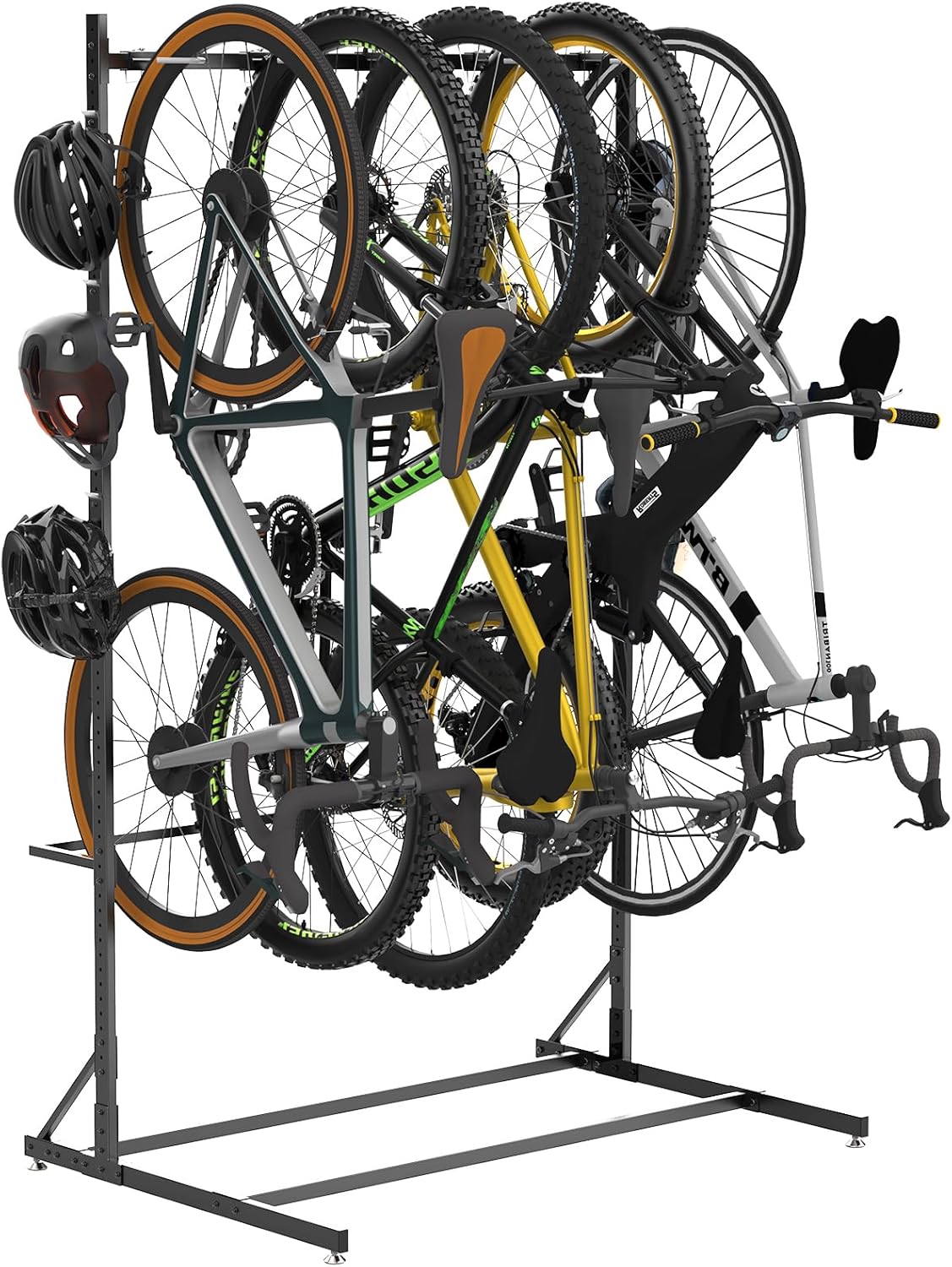 Freestanding Bike Storage Rack for 5 Bikes, 52" Wide Steel Vertical Bike Rack with 5 Bike Hooks & 6 Hooks for Helmet Storage, Bike Racks for Home and Garage, Indoor Floor Bike Stand