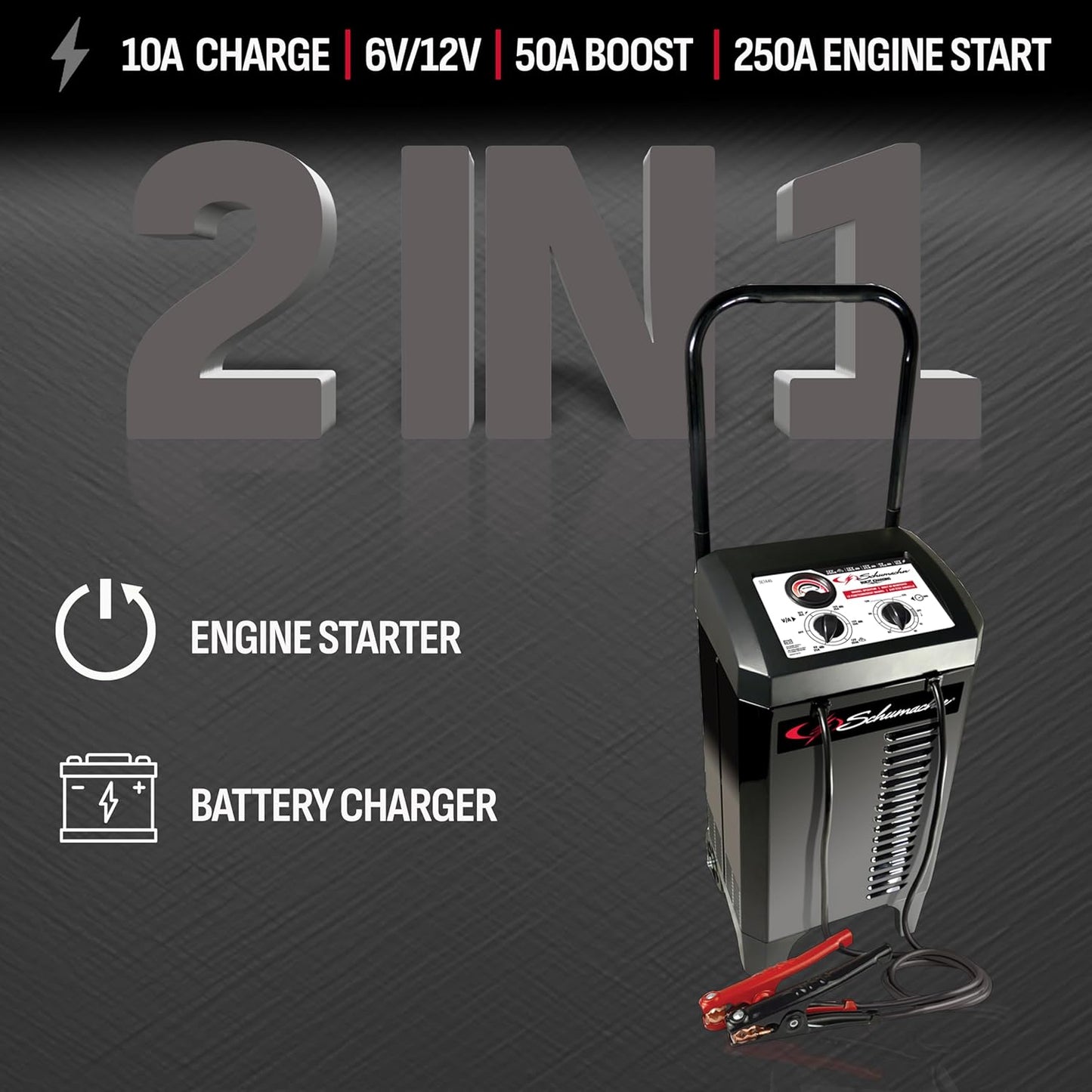 Schumacher Electric Manual Battery Charger & Engine Starter – 6V/12V 250A Heavy-Duty Battery Charger with 50A Boost Mode, Color-Coded Clamps, 6-Foot Output Cables & Rugged Design SC1445