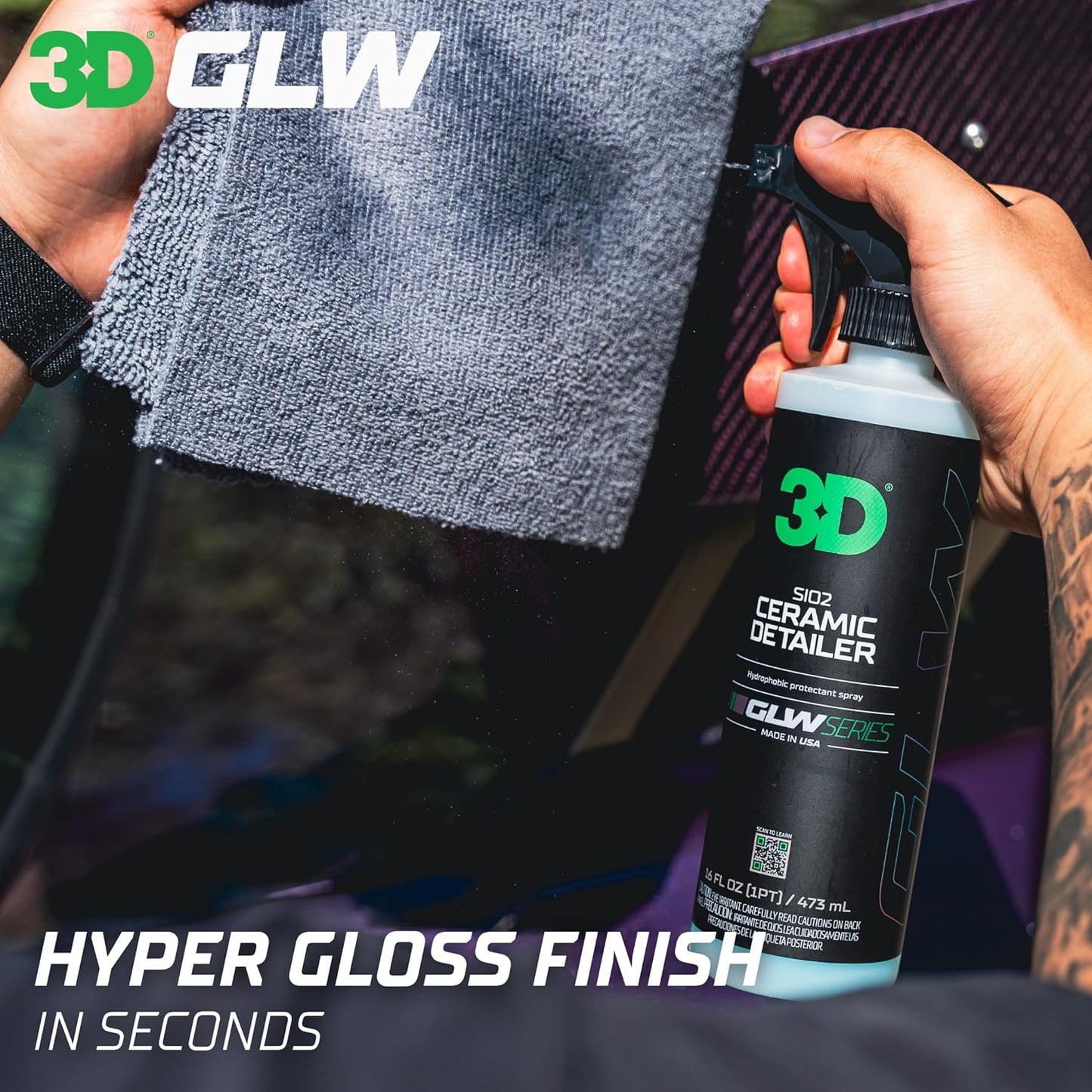 3D Ceramic Detailer, GLW Series | Hyper Gloss Finish | SiO2 Peak Hydrophobic Top Coat | Extends Life of Waxes, Sealants, Coatings | DIY Car Detailing Spray | 64 oz