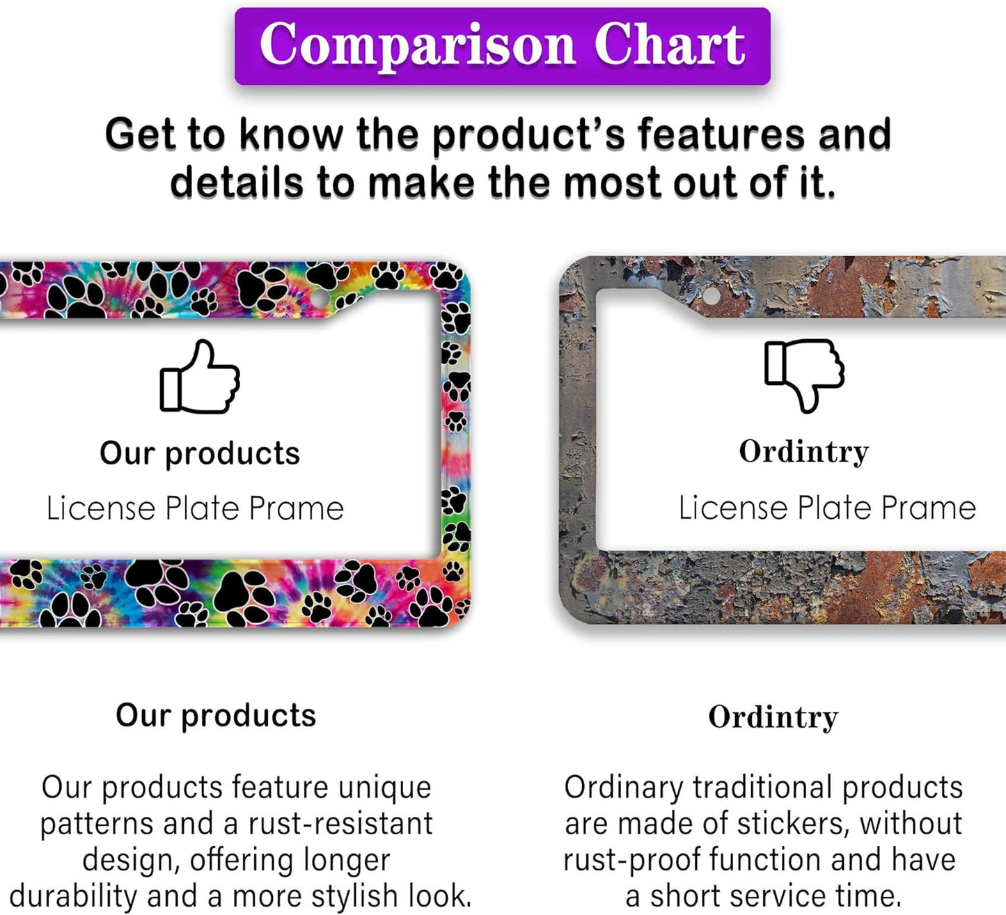 License Plate Cover for Men Multicolor License Plate Frames for Women Tie Dye Paw Print Aluminum Metal Car Accessory 2 Pack with Screw Covers Set