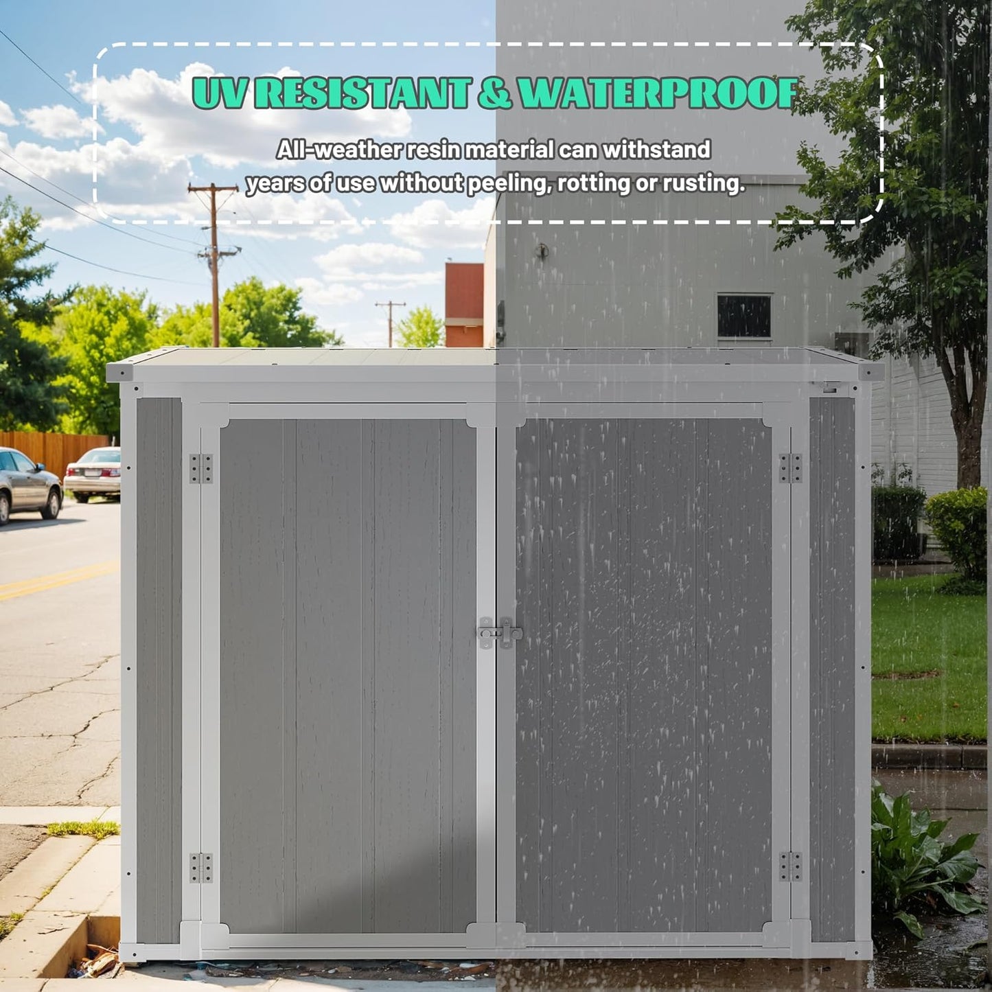 41 Cu.Ft Resin Shed with Floor, 4.7x2.5 FT Outdoor Horizontal Storage Shed for Trash Cans and Garden Tools, Waterproof Outdoor Plastic Shed for Lawn Mower, Pool Toys, Bicycle (Gray)