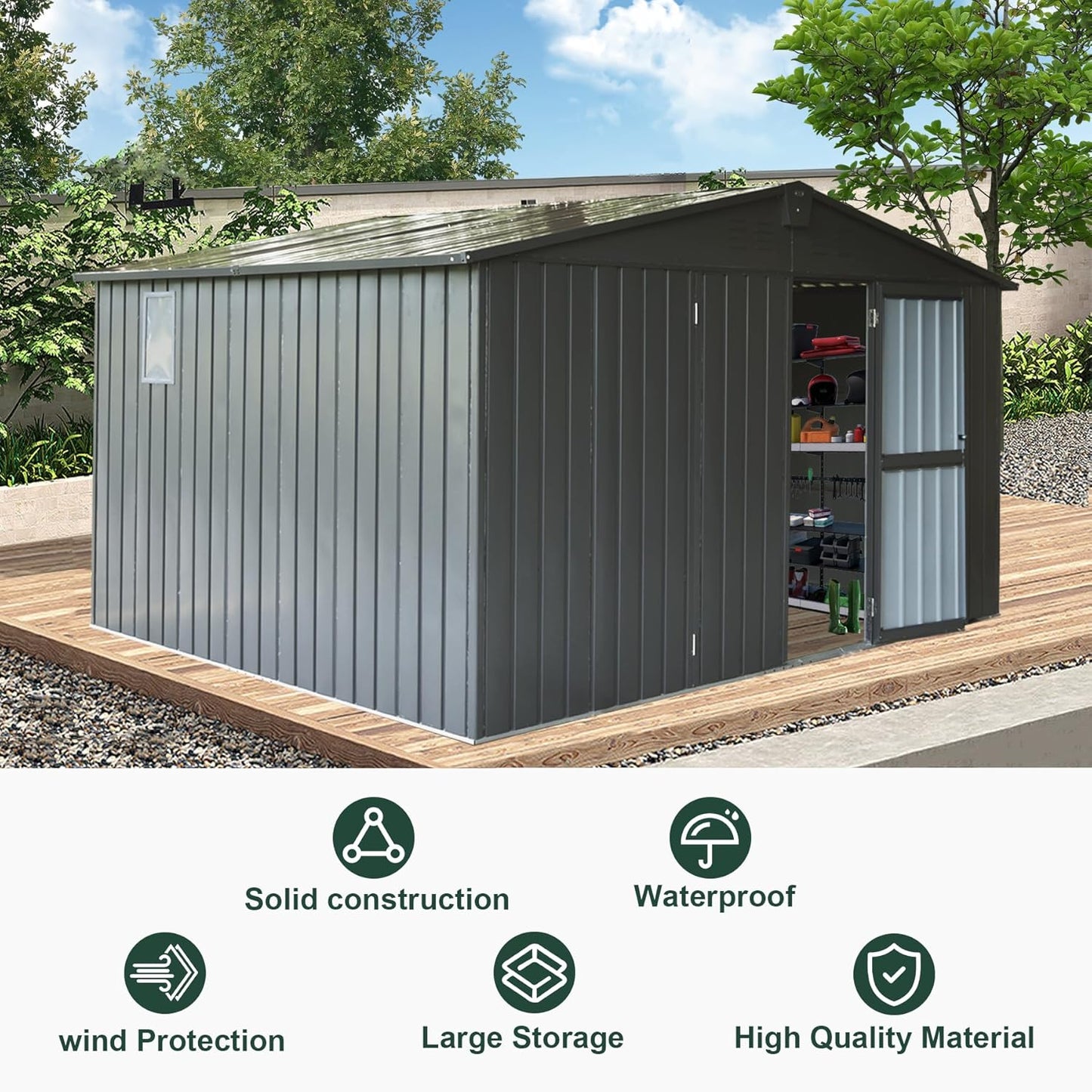 Domi Outdoor Storage Shed 11' x 9', Metal Steel Utility Tool Shed Storage House with Double Lockable Doors & Air Vents for Backyard Patio Garden Lawn Dark Grey