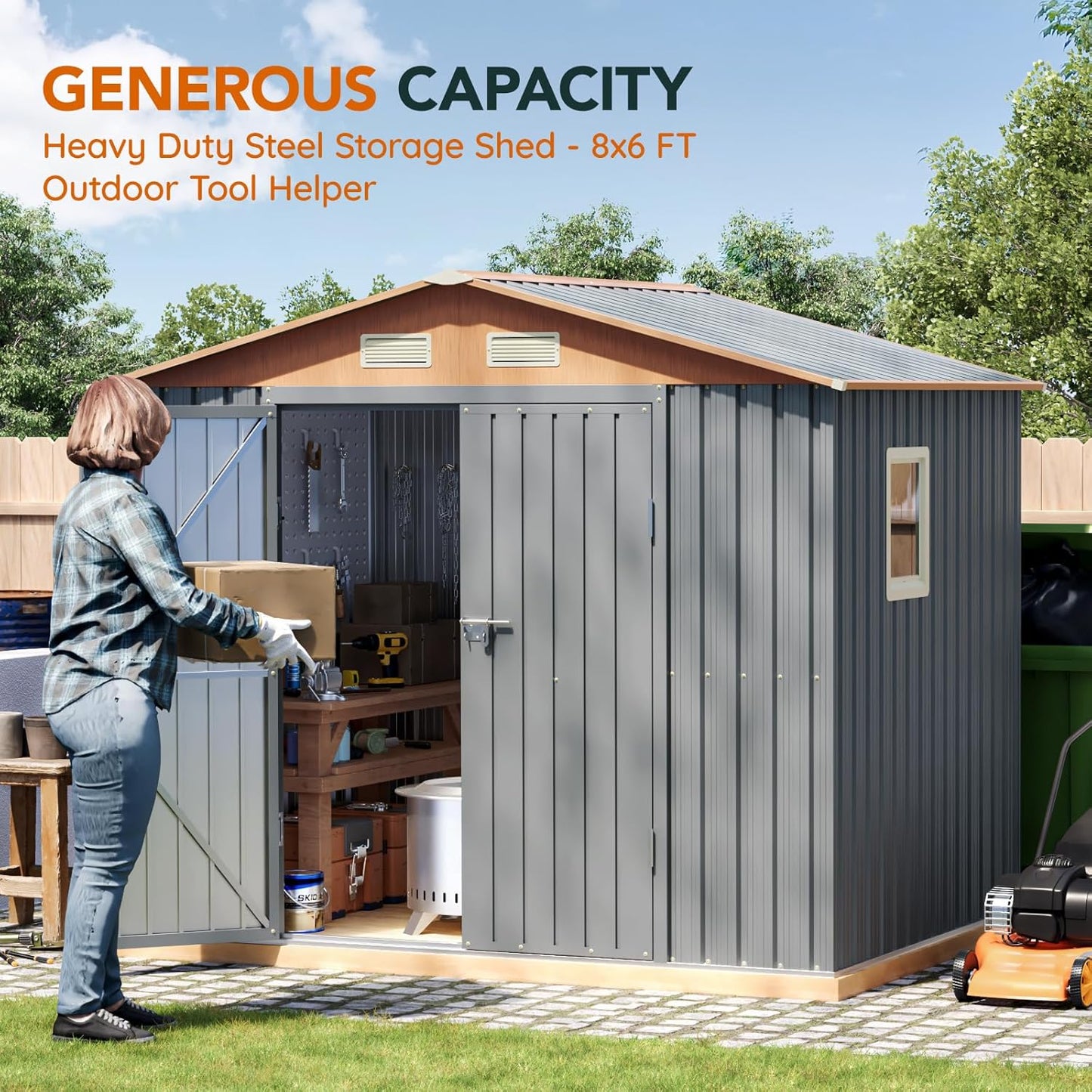 8x6FT Metal Shed & Outdoor Storage Shed, Steel Tool Multi-Used Shed with Vents,Lockable Doors,Window,Compact Tool Shed for Backyard, Patio, Lawn and Garden Various Storage(Matte Gray)
