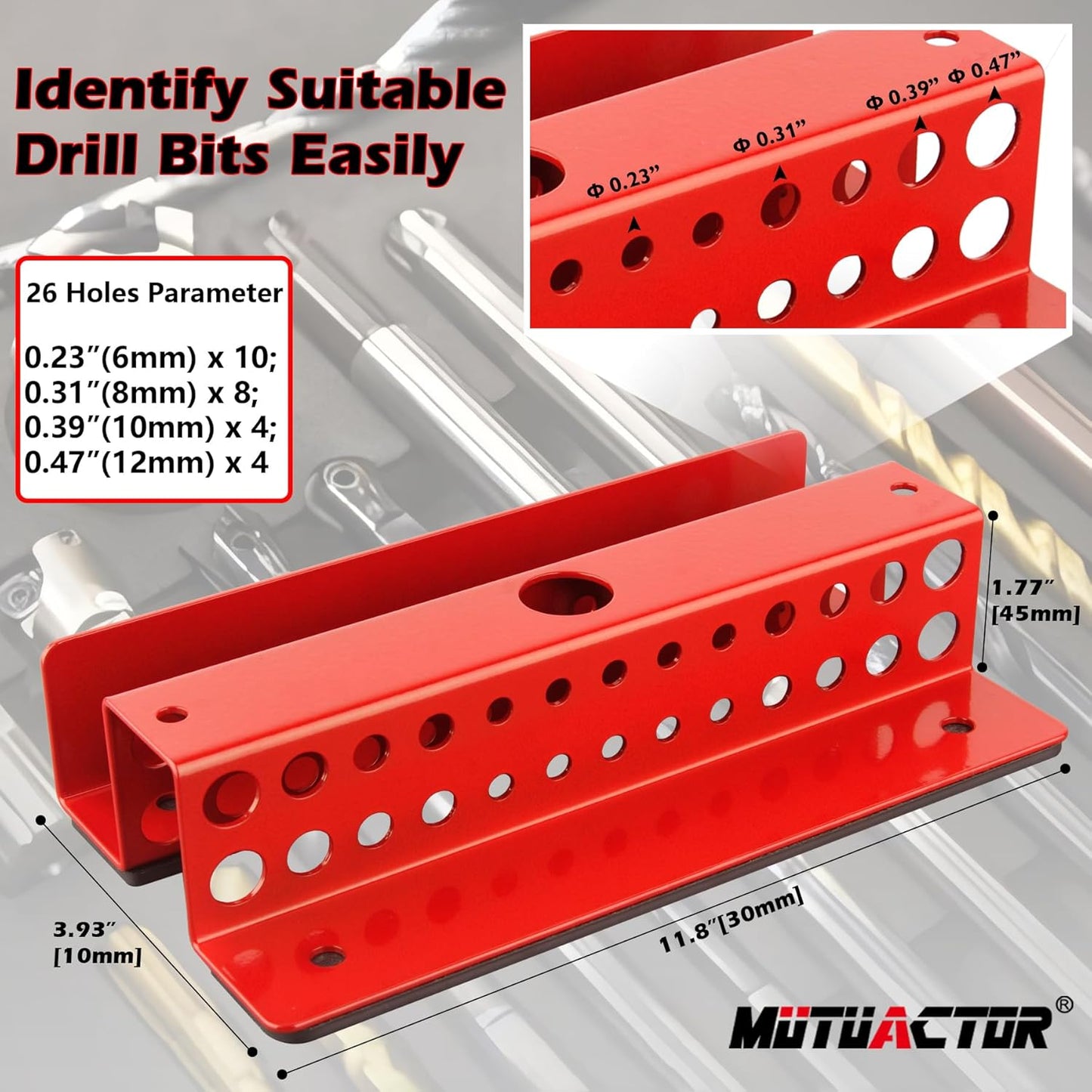 MUTUACTOR Drill Bit Organizer Heavy Duty,Quick Access Magnetic Mount Drill Bit Holder,Anti-scratch Magnetic Tool Holder for Long Phillips Head Drill Bits Impact Bits Storage,Red,26 Holes