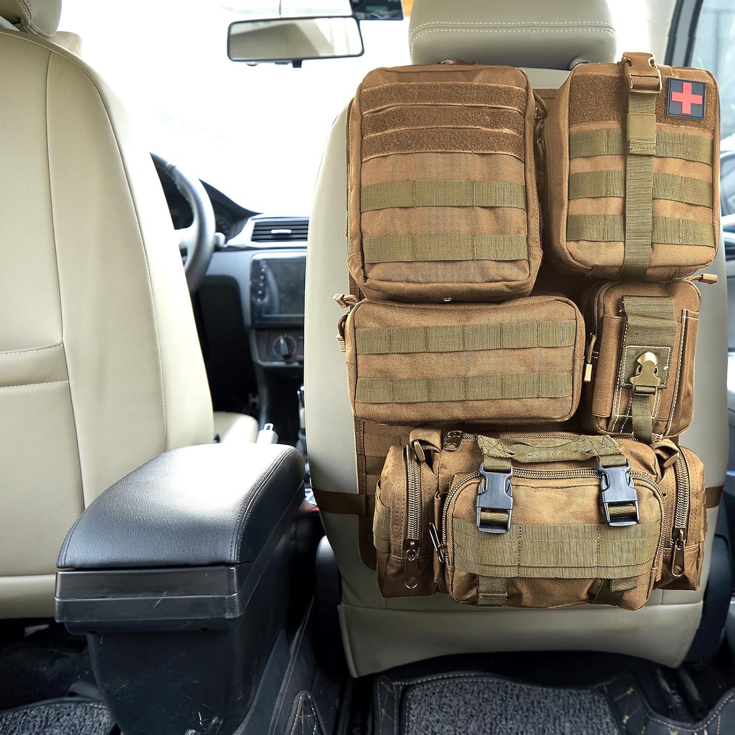 Universal Tactical Seat Back Organizer Vehicle Molle Panel Organizer Storage Bag with 5 Detachable Molle Pouch for All Vehicel Such as Jeep,Truck,SUV, Car, Ford,Chevy etc
