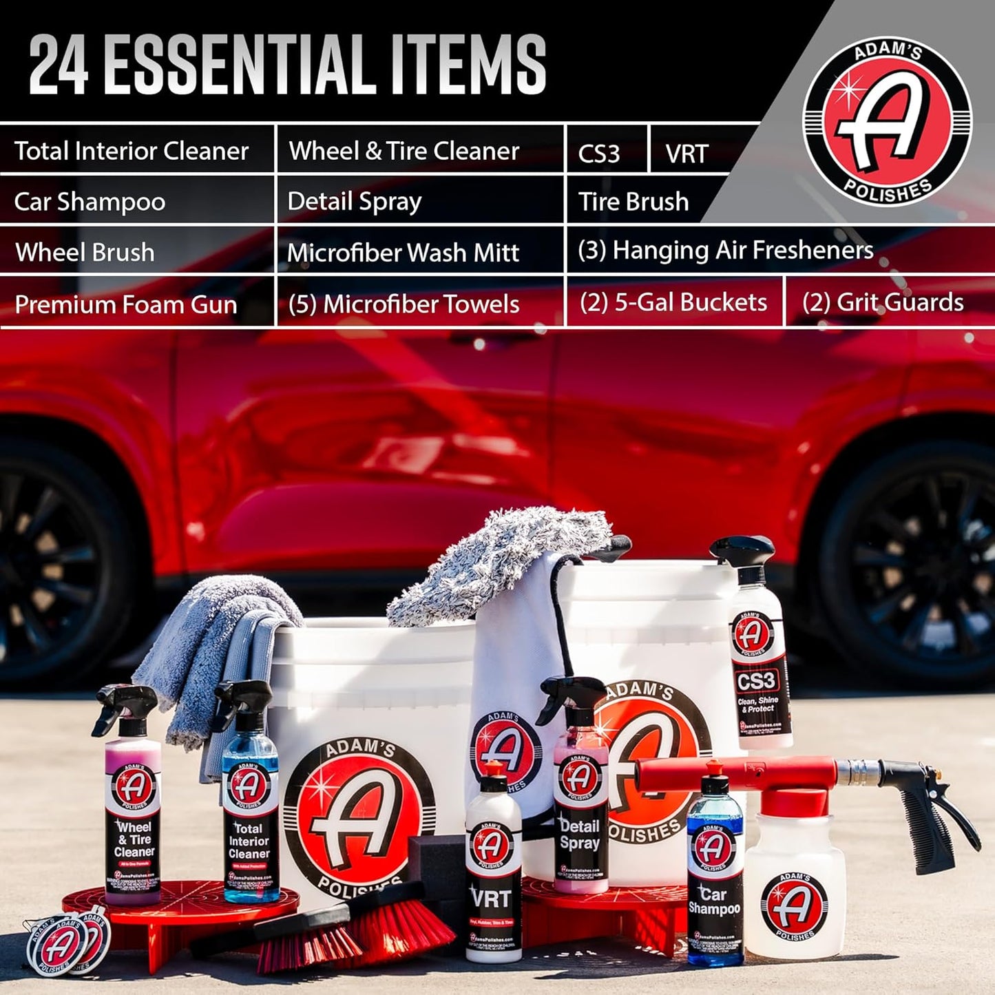 Adam's Essential Car Wash Kit (24-Item) - Auto Detailing Car Care Cleaning Kit with Foam Gun & Bucket Car & Truck Lovers, Dads, Moms and DIYers