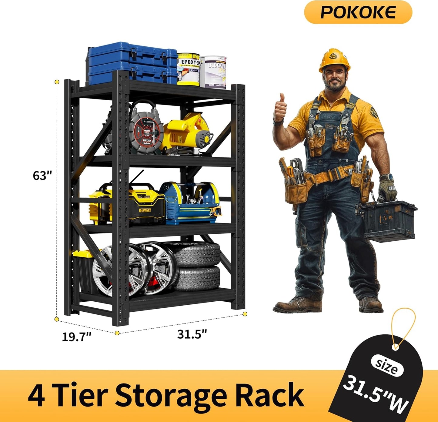 Garage Shelving Unit, 4 Tier Heavy Duty Racks, Easy Assembly, Metal Racks with Adjustable Shelves, 3000 LBS Load Capacity,for Warehouse,Basement (Black, 19.7" D x 31.5" W x 63" H)