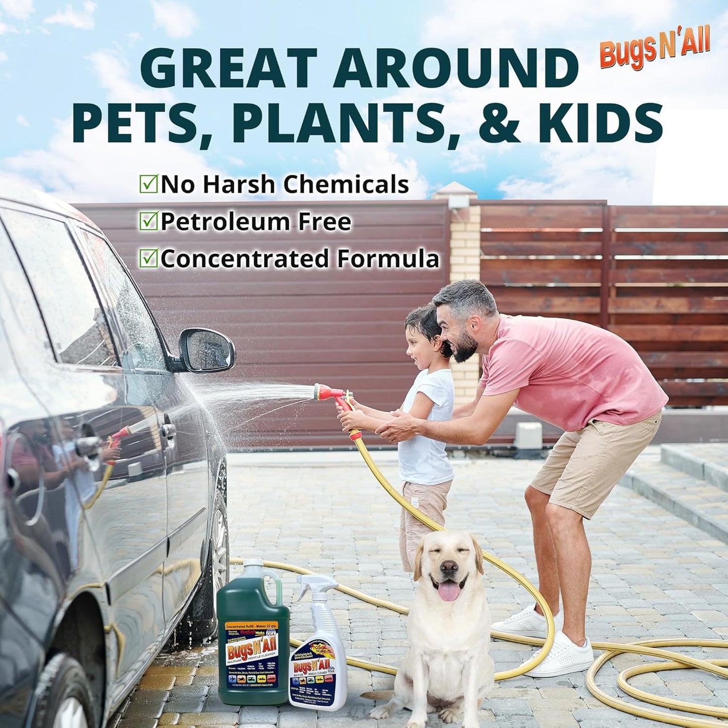 Bugs N’ All Multipurpose Car Cleaner & Degreaser - Bug & Tar Remover Concentrate 1 Gallon - Exterior Cleaner Safe for Car Paint, Metal, Chrome, Aluminum, Windows & Mirrors - w/Free 32 oz Spray Bottle