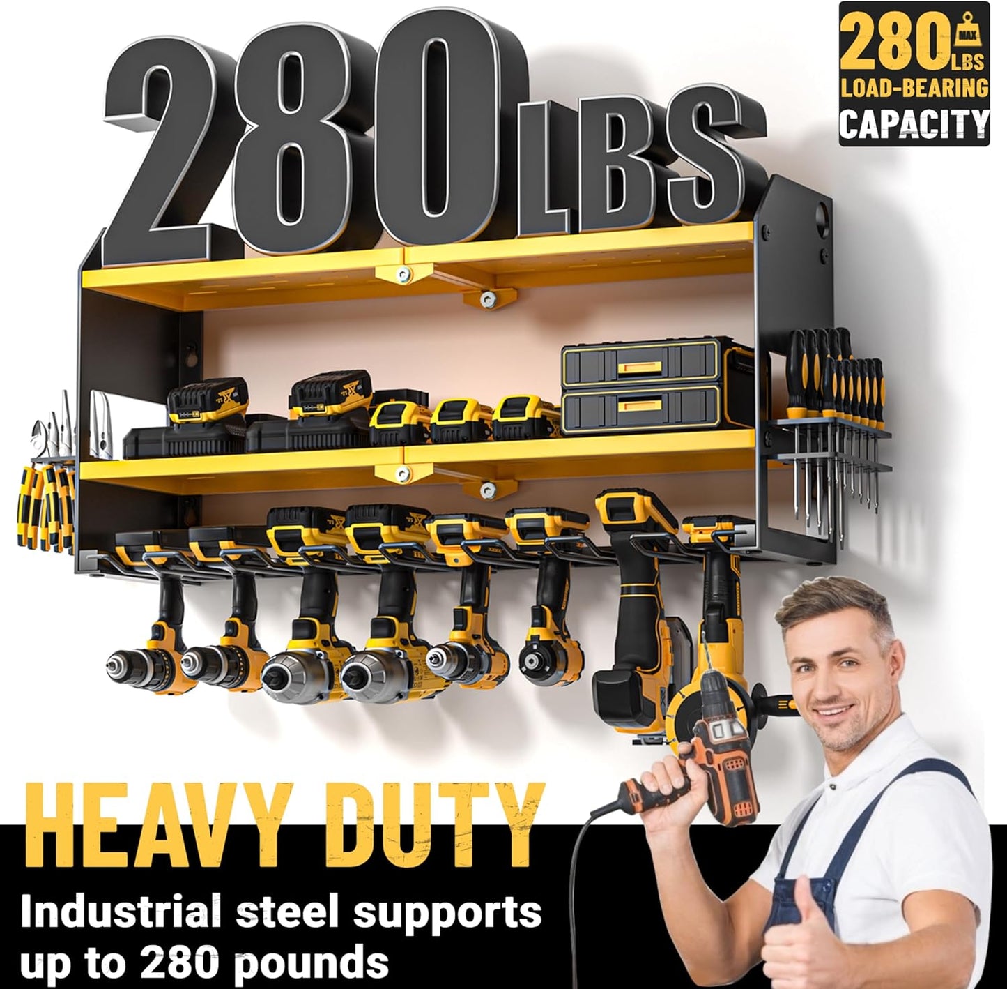 YYR Power Tool Organizer Wall Mount, Cordless Drill and Battery Holder, Electric Tools Hanger Storage Rack with Charging Station, Garage Organization Floating Shelf - Made of Heavy Duty Metal, Yellow