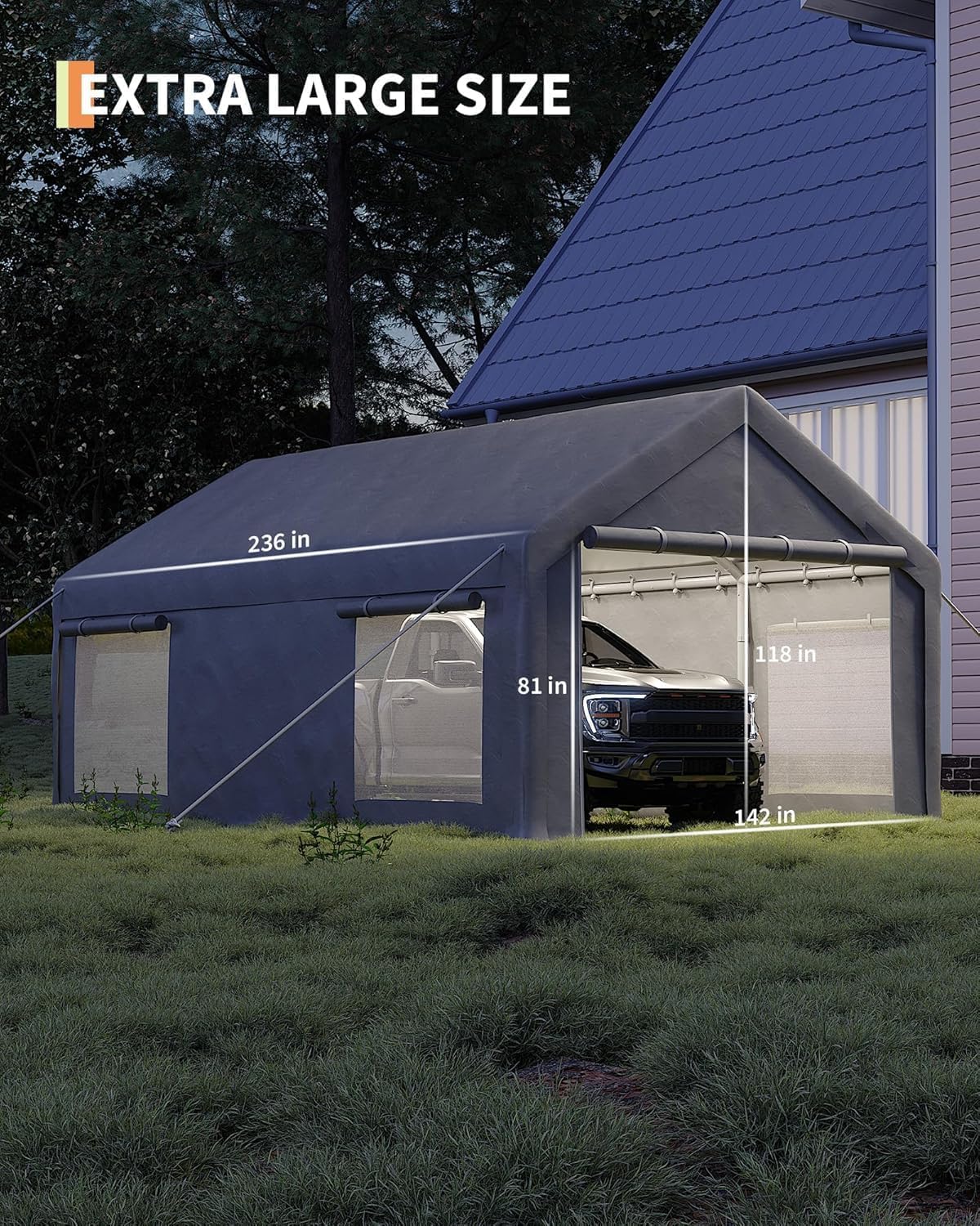 12 x 20FT Heavy Duty Carport with Roll-Up Windows, Portable Garage with Removable Sidewalls & Doors, Portable Car Tent Garage with Roll-Up Windows and All-Season Tarp, for Car, Truck,