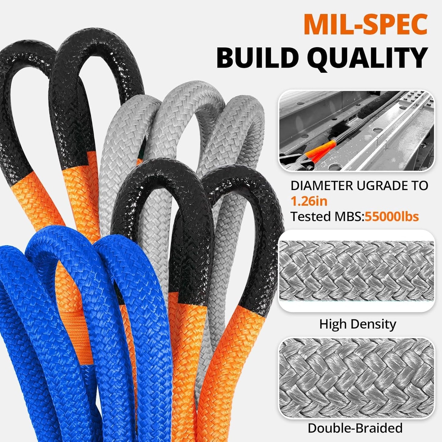 Kinetic Recovery Tow Rope: 1.26" x 30ft 55000LBS Snatch Strap with Soft Shackles Heavy Duty Offroad Towing Straps Kit for Trucks SUV UTV ATV Tractor Car Jeep - Blue
