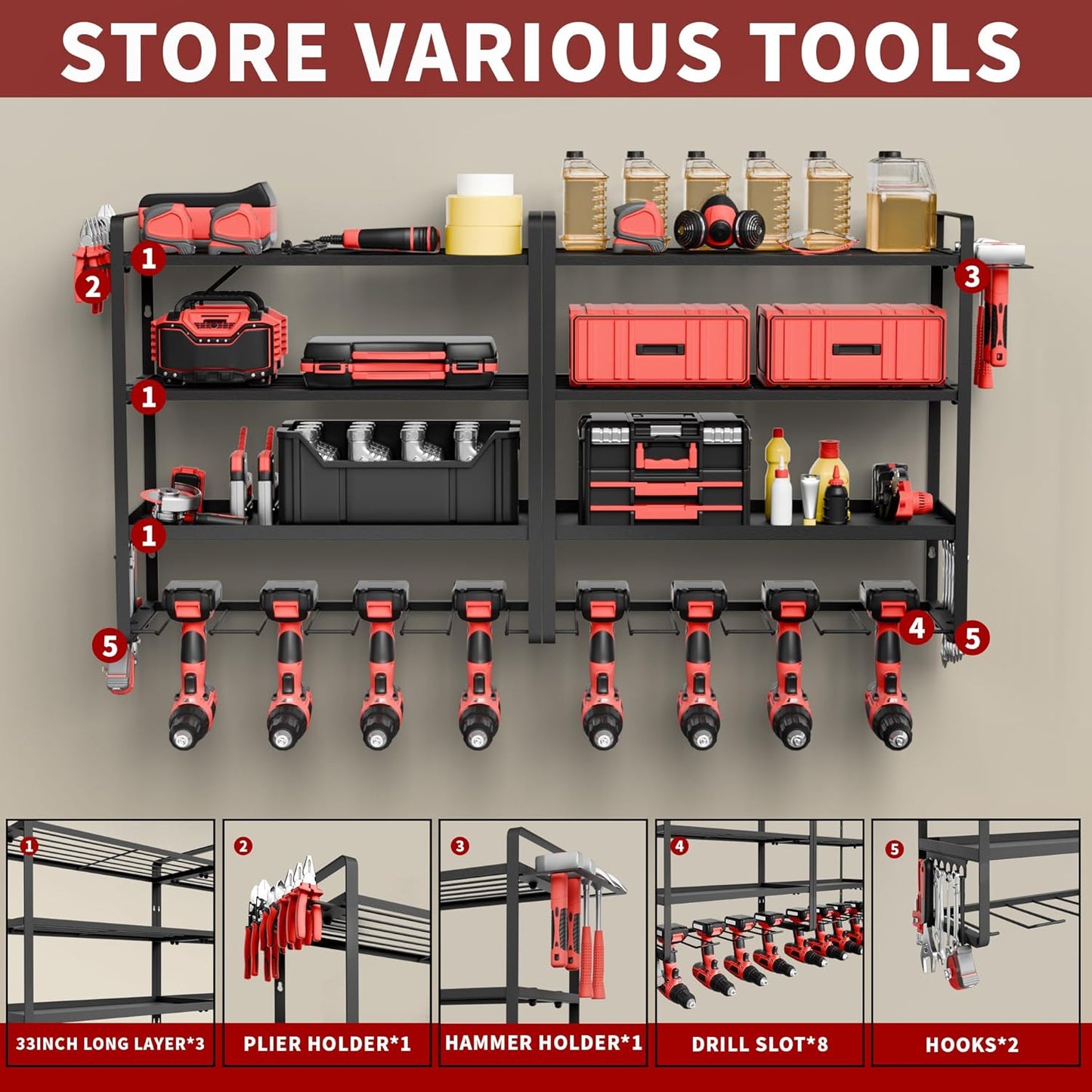 NINAT Heavy Duty 4-Tier Wall Mount Tool Organizer Rack - 8 Drill Holders, 150lb Capacity for Power Tools, Cordless Drills | Garage, Workshop, Shed & Basement Storage Solution