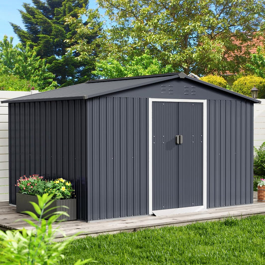 10x10 Ft Outdoor Storage Shed, Steel Utility Tool Shed with Sloped Roof & Lockable Door, Backyard Garden Patio Lawn Outdoor Shed for Organising Tools and Equipment in Yard, Garden, Grey