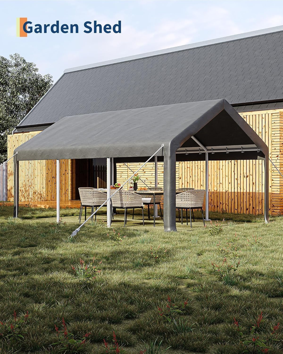 12 x 20FT Heavy Duty Carport with Roll-Up Windows, Portable Garage with Removable Sidewalls & Doors, Portable Car Tent Garage with Roll-Up Windows and All-Season Tarp, for Car, Truck,