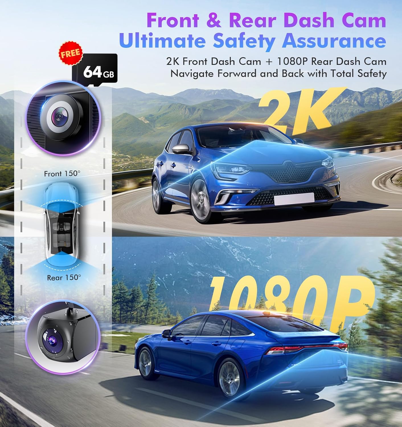 10" Touch Screen for Car, Used for Wireless Apple Carplay Android Auto MirrorLink, Portable Car Stereo with Bluetooth 2K Front Dashcam, 1080P Rear Dashcam Backup Camera
