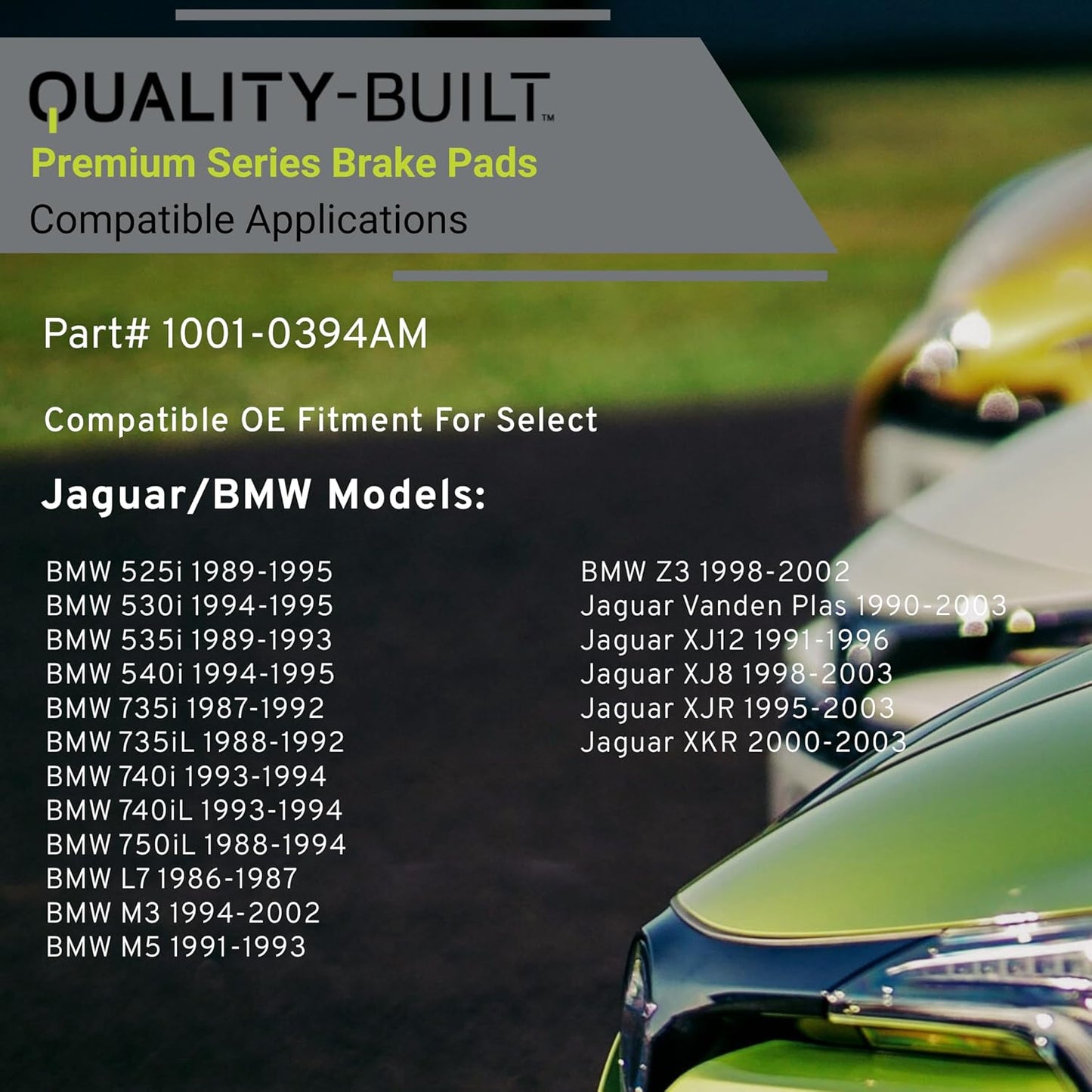 Premium Semi-Metallic Front Brake Pads (1001-0394AM) Compatible with 1986-2003 BMW/Jaguar (525i/530i/535i/540i/735i/735iL/740i/740iL/750iL/L7/M3/M5/Vanden Plas/XJ12/XJ8/XJR/XKR/Z3)