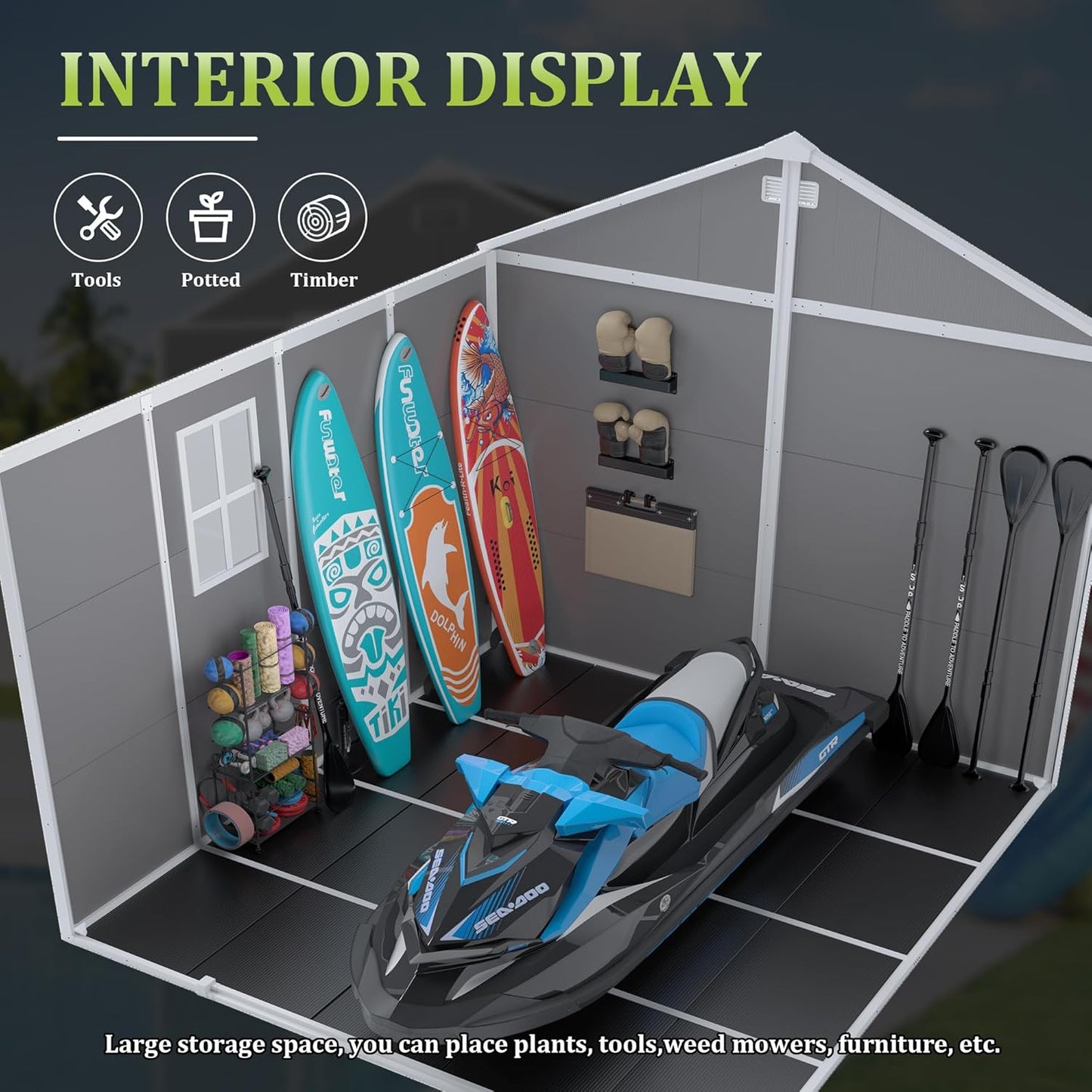 MyVoice 8x8 FT Outdoor Resin Storage Shed with HD Window, Rustproof Waterproof Garden Tool Shed, 12mm Thickened PP Panels, Large Capacity Outdoor Utility House for Backyard Patio (with Floor)